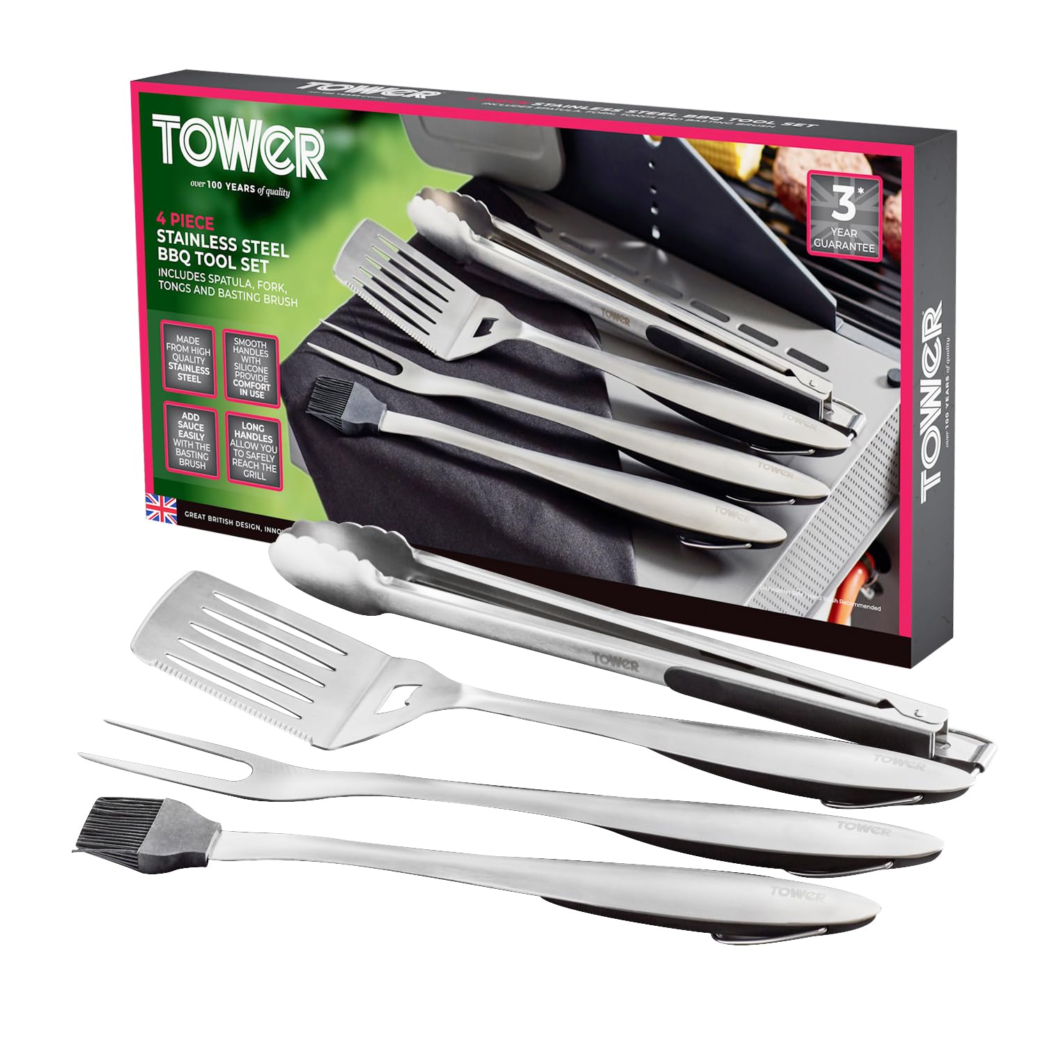 Tower 4 Piece BBQ Tool Set - Stainless Steel - Spatula, Fork, Tongs & Brush
