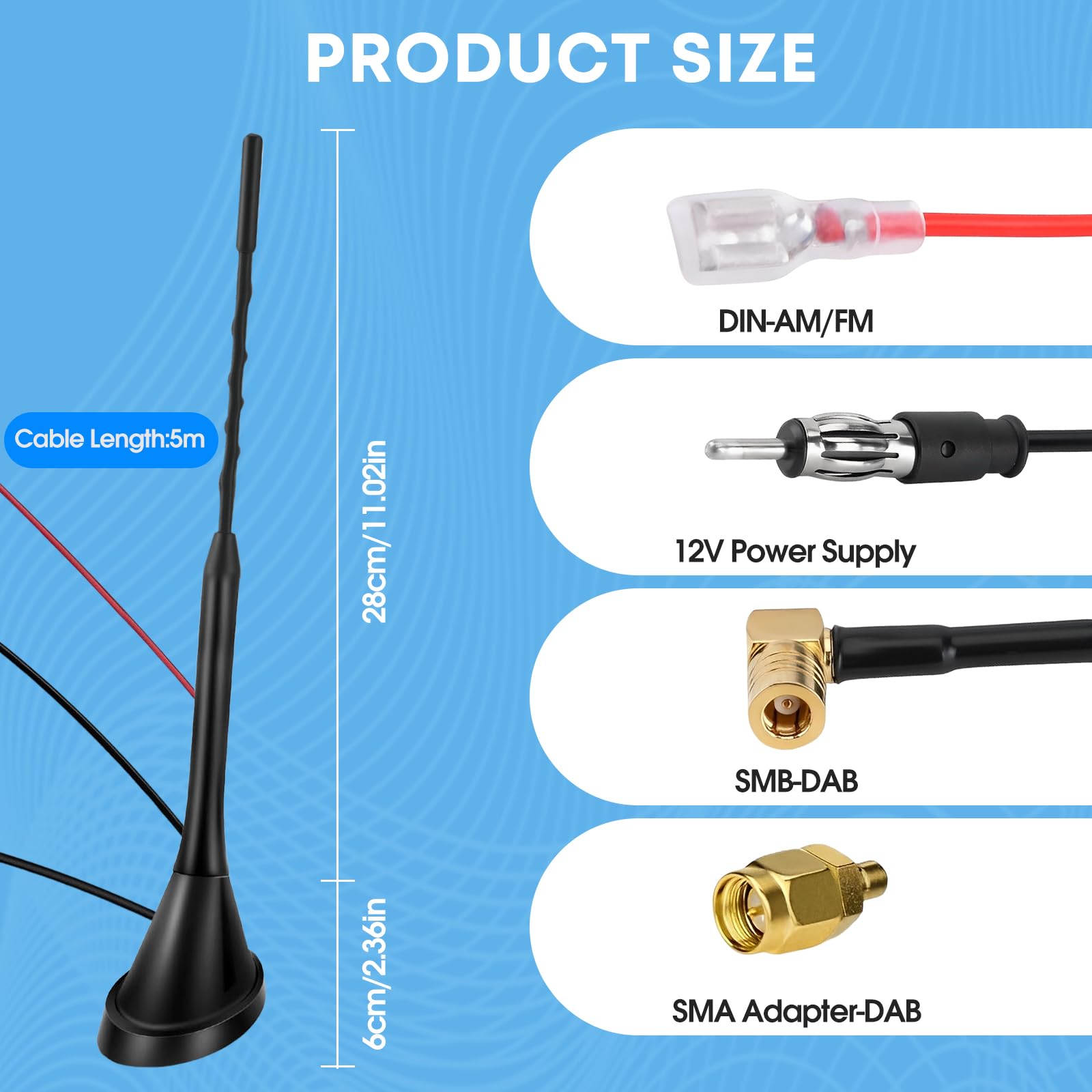 Hossom Antenna DAB Auto per Autoradio - Antenna da Tetto Corta a Forma di Pinna di Squalo con Amplificatore Integrato per DAB+/FM/AM, Per veicoli e sistemi audio come Audi, BMW, Honda e altri