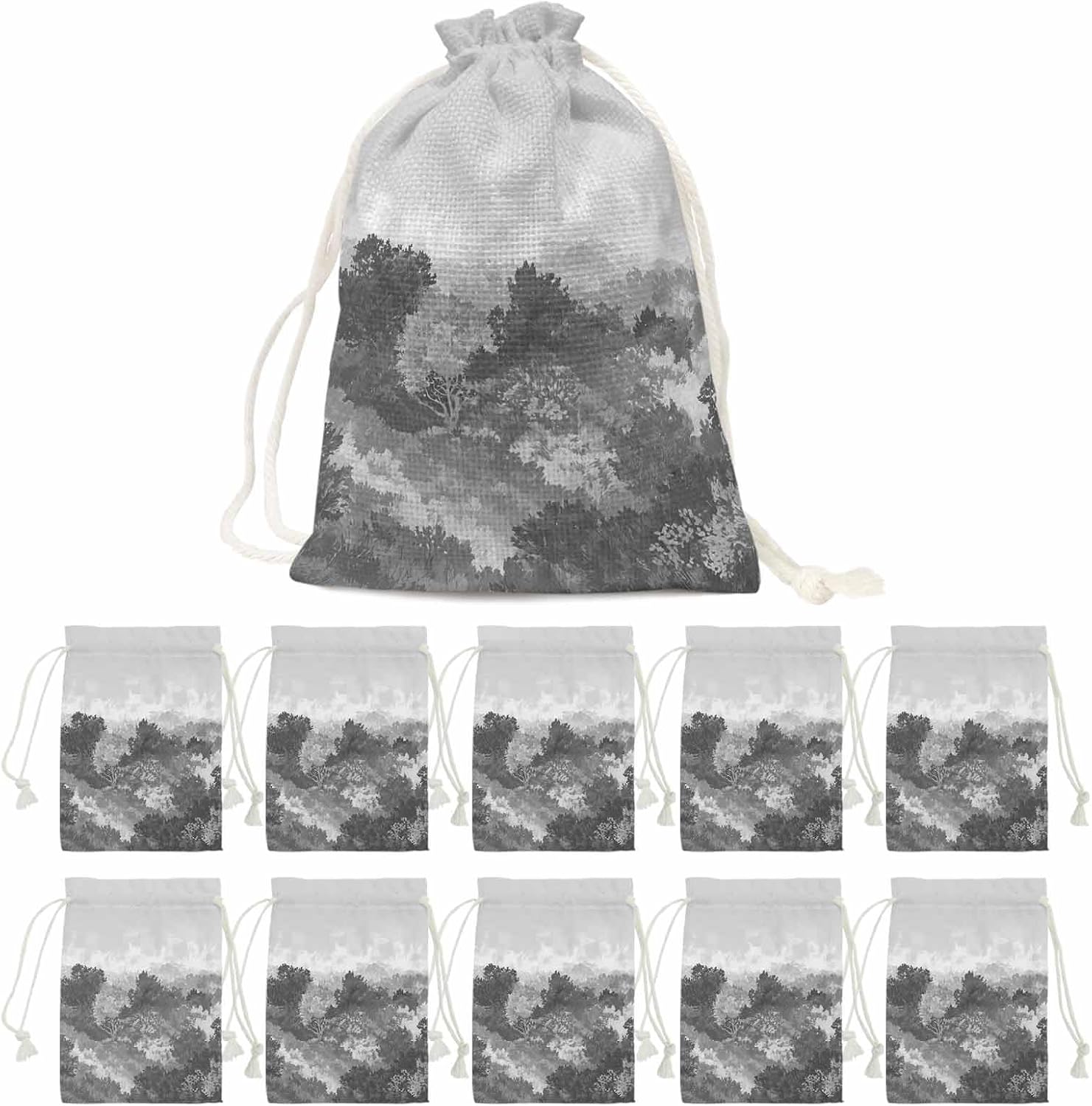 Victoroes Abstract Trees Drawstring Gift Bags 2 Pcs 11.8" x 15.7" Medium Vintage Gray Forest Mountain Gift Bag Reusable Fabric Wrap Bags for Wedding Party Birthday Holiday