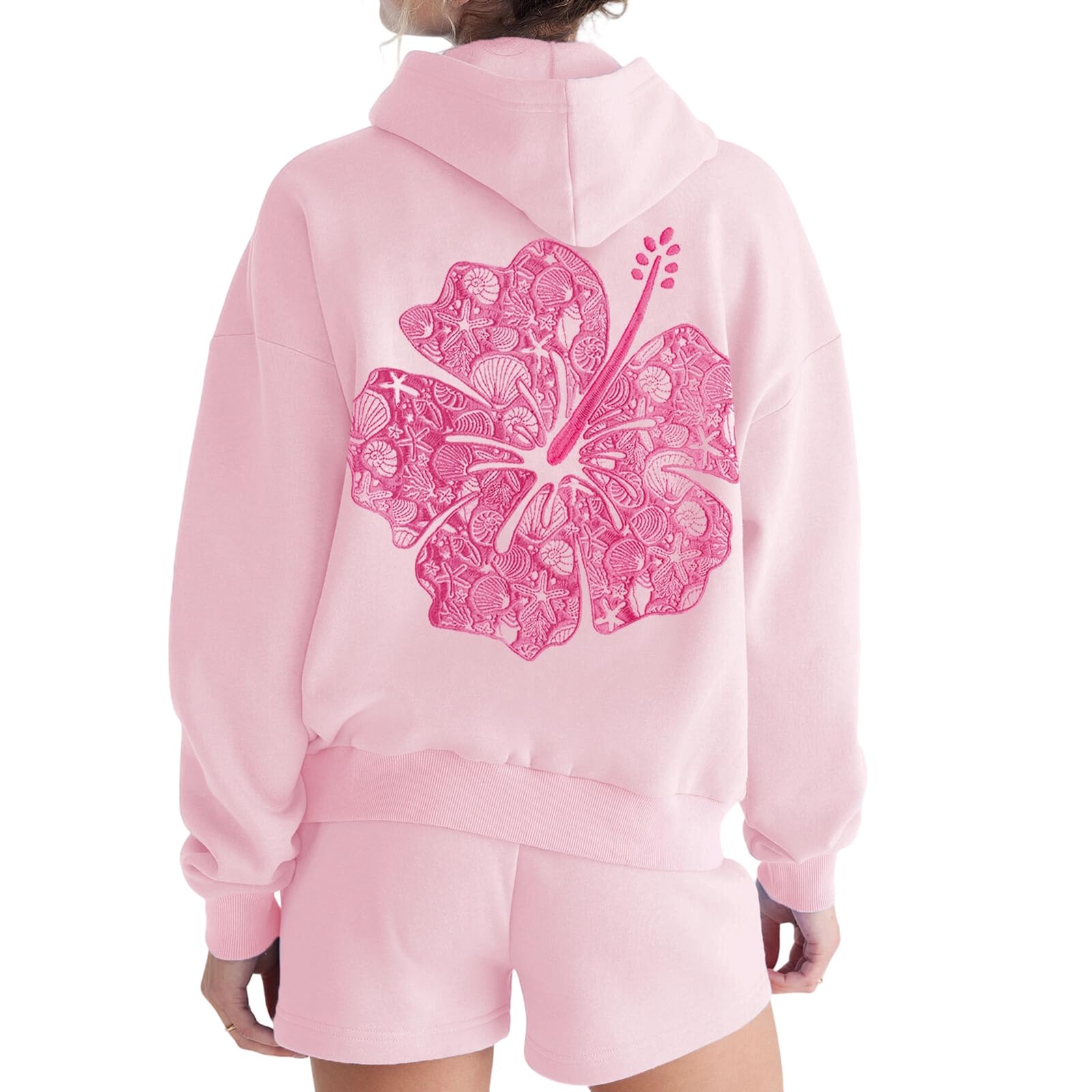 Foidiccx Womens Embroidered Hoodies Y2k Hibiscus Teen Girls Preppy Oversized Loose Fit Aesthetic Vintage Cute Pullover Tops