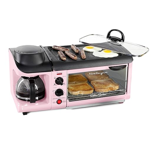 Nostalgia 3-in-1 Breakfast Station - Includes Coffee Maker, Non-Stick Griddle, and 4-Slice Toaster Oven - Versatile Breakfast Maker with Timer - Pink