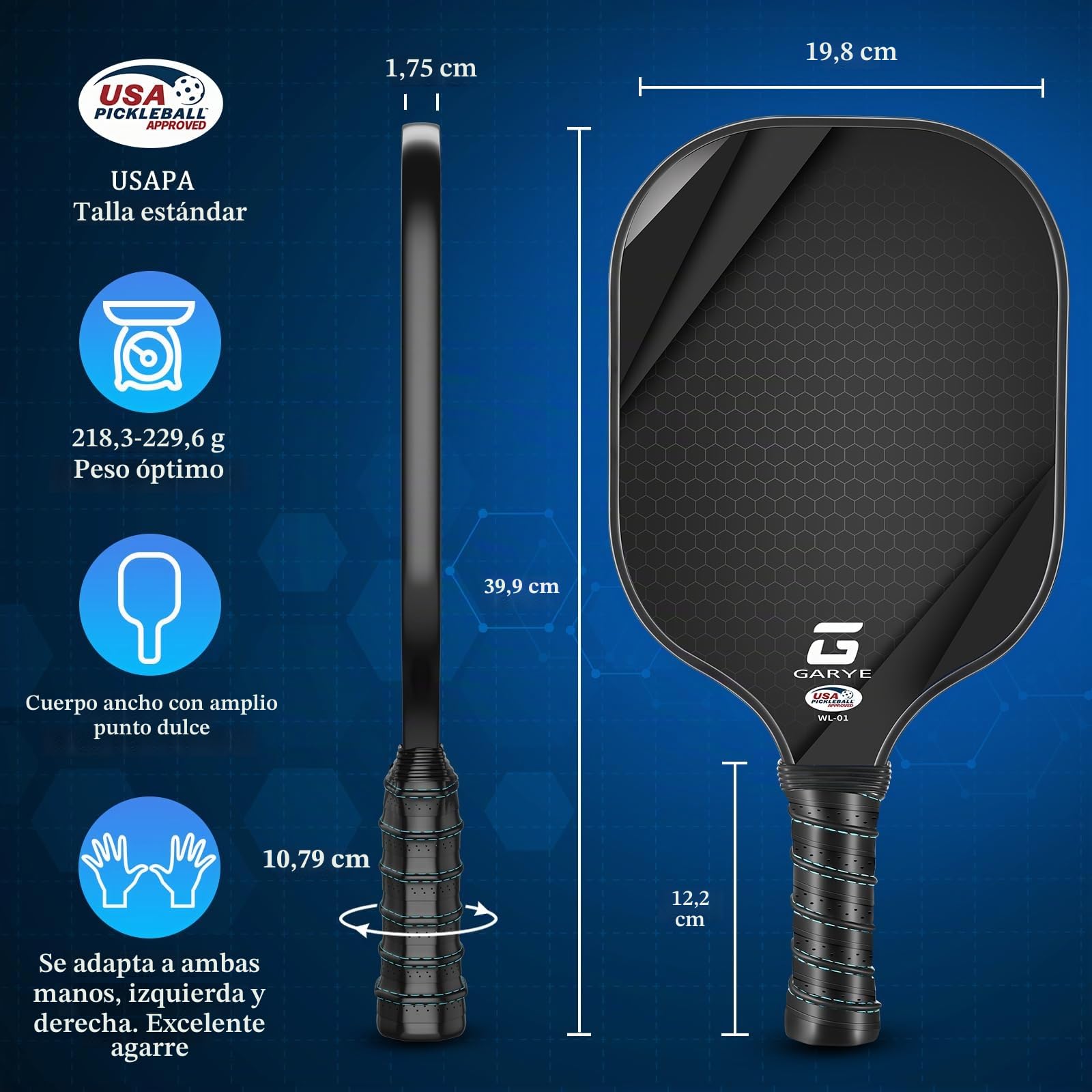 GARYE Juego de 2 palas de pickleball, juego de pickleball de fibra de carbono aprobadas por USAPA, raquetas ligeras de pepinillo, paquete de 2 con 6 bolas, 1 bolsa, par de cintas de agarre, pala de