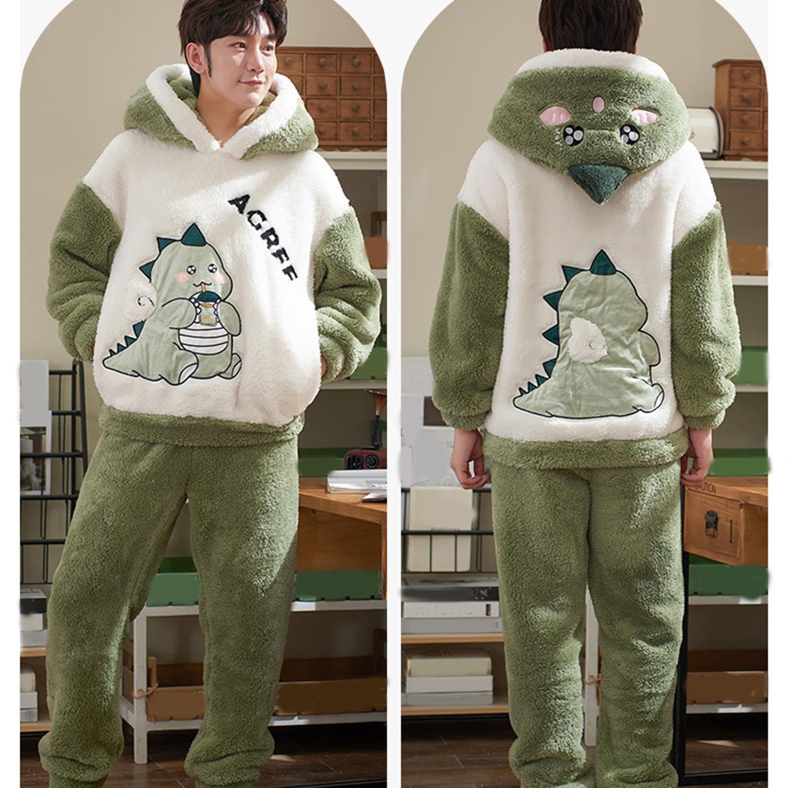 Conjunto de pijama de forro polar, sudadera térmica con capucha y pantalones con patrón de dinosaurio, ropa de dormir para clima frío, conjunto de pijama de franela para mujer