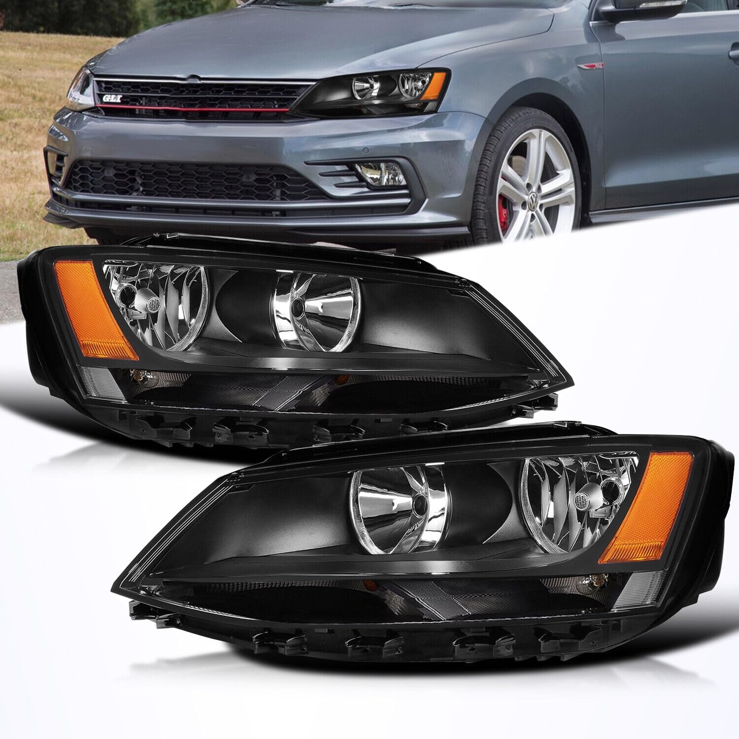 Headlights Assembly Compatible with 2011-2018 VW Jetta MK6 Headlights Headlamp Driver & Passenger Side, Black Housing Amber Side