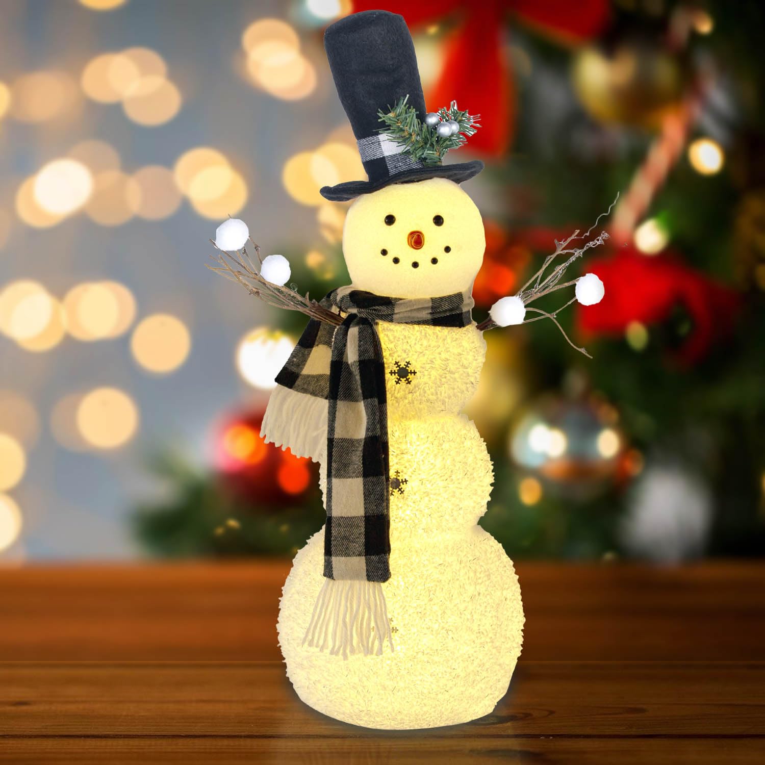 Adorable figurine de bonhomme de neige de Noël – Bonhomme de neige blanc avec effets d'éclairage pour décoration intérieure et collectionneurs