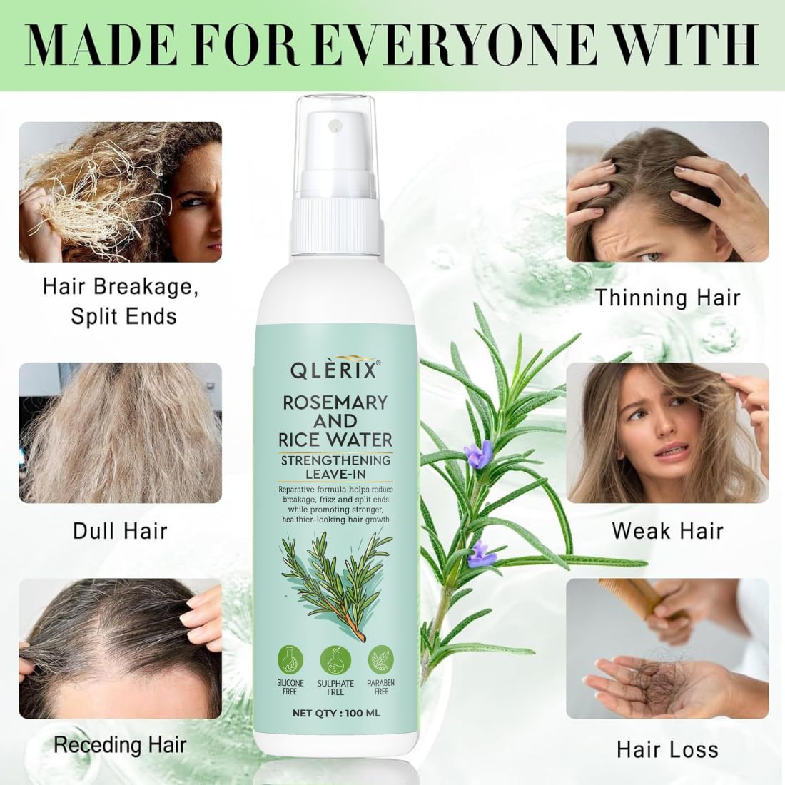 QLERIX Rosemary and Rice Water Spray for Hair Growth, Hairfall Control, Hair Thickness, Hair Strengthening & Hair Shine Leave-in Spray, Natural Ingredients, 100ml, For Men & Women All Hair Types (Pack of 2, Rosemary) 1