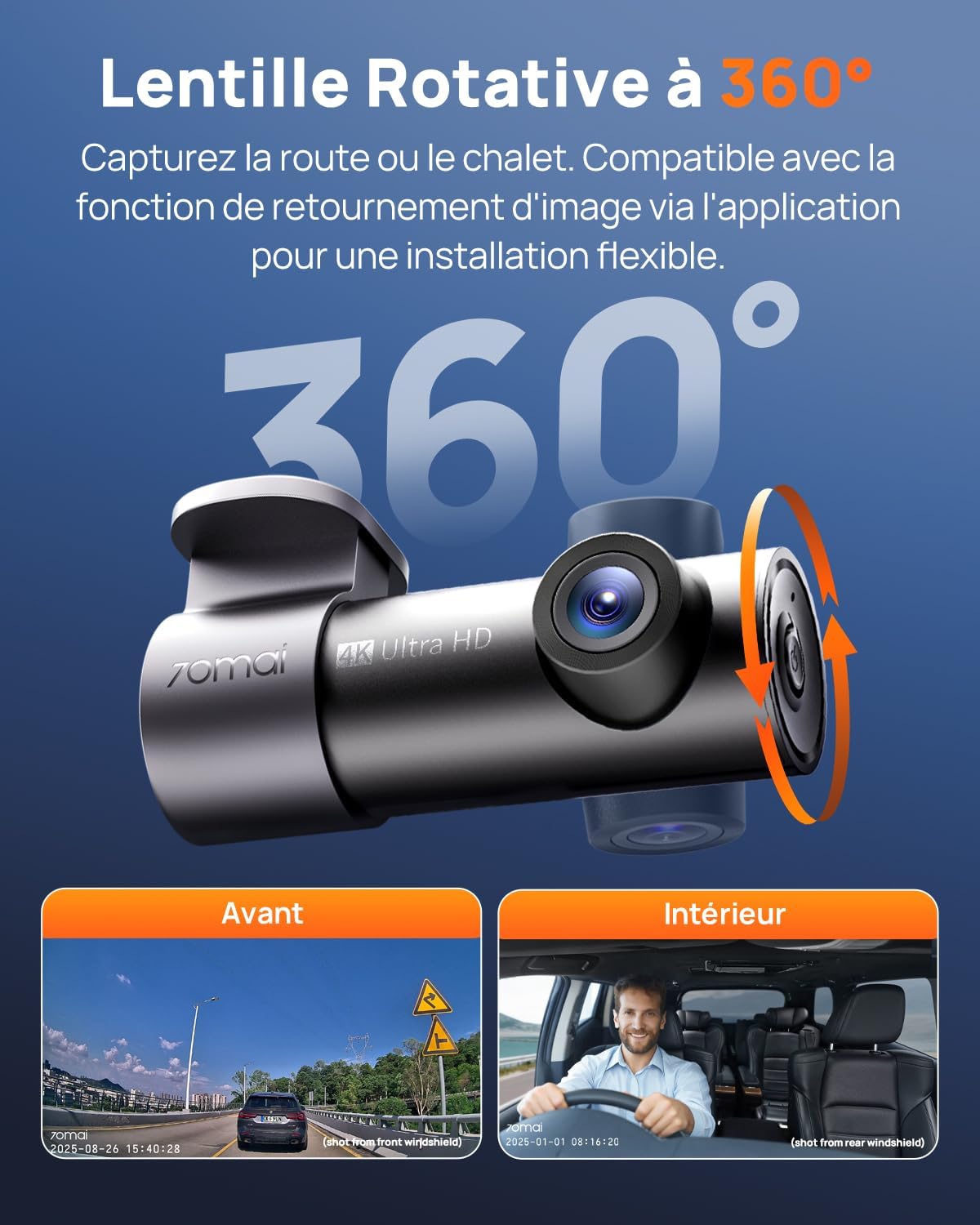 70mai M310 Plus 4K - Cámara de salpicadero frontal para coche, 2160P con rotación de 360°, WiFi y sensor G, súper visión nocturna y WDR, apertura F1.55, monitoreo de estacionamiento 24h, grabación en