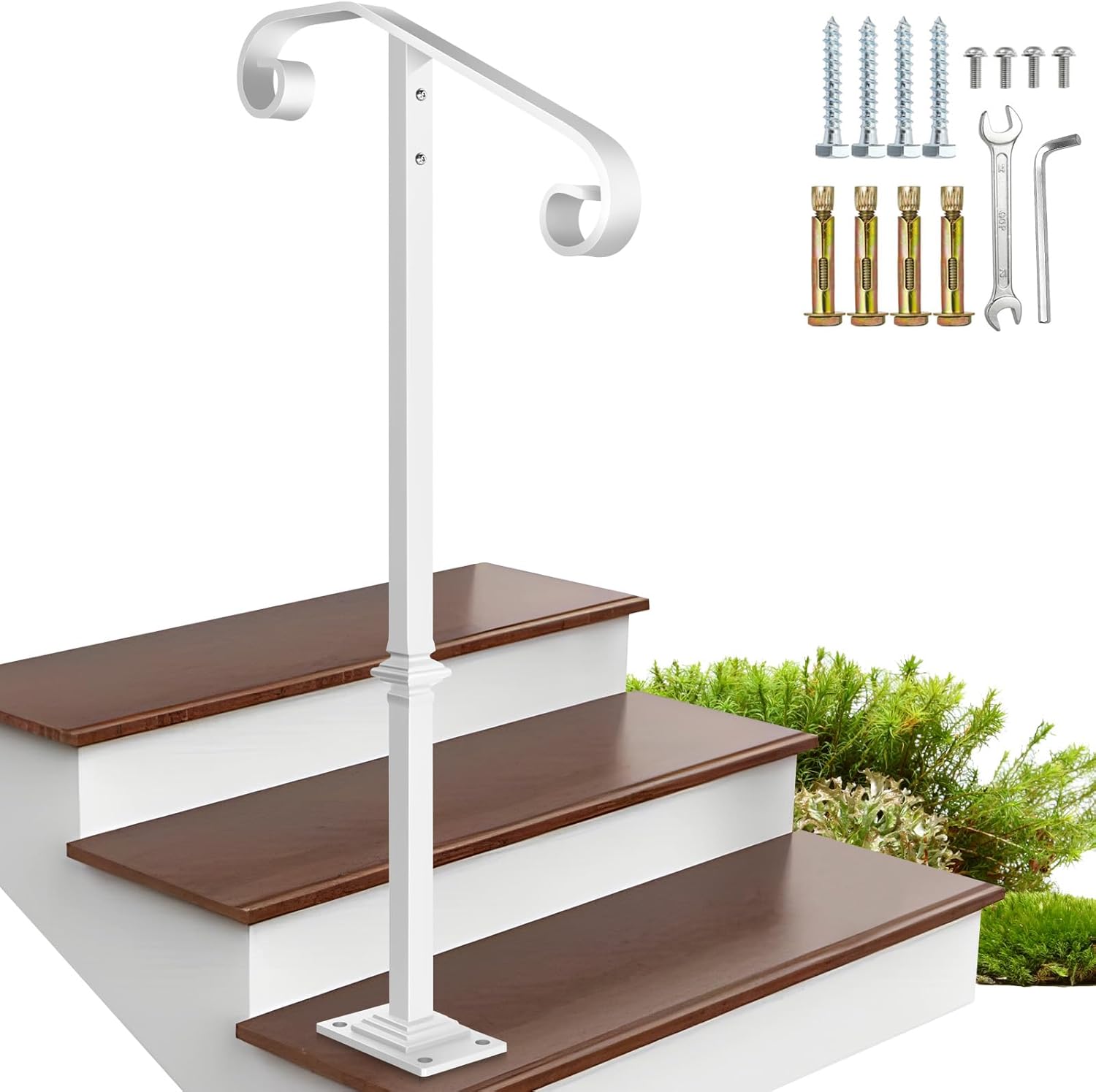 Handrail Railing, Single Post Handrail Fits 1 or 2 Steps, Sturdy Outdoor Stair Railing for Concrete&Wooden Steps with Base, Wrought Iron Stair Handrails, Grab Rail for Steps Porch, White