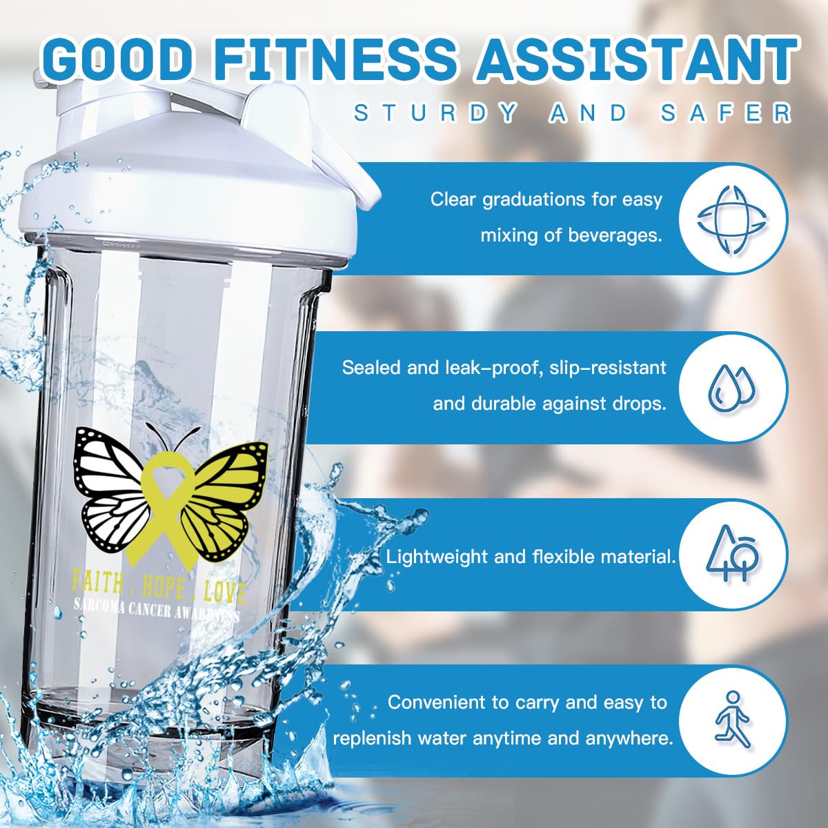 Butterfly Sarcoma Cancer Awareness 18 Ounce Shaker Bottle Drink Mixer Leak-proof Pre Workout Protein Shakes Meal Replacement Shakes Bottles 500ML/18 Oz White&-3&-3&-3