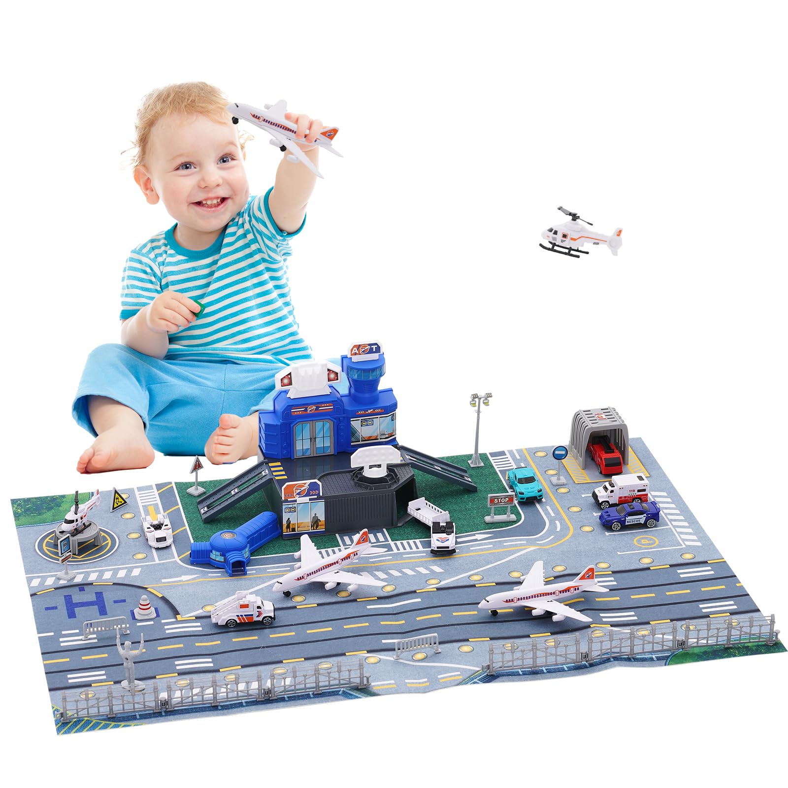 Airplane Car Toy Set for Toddler Airport Playmat with Helicopter Truck, Plane, Sign