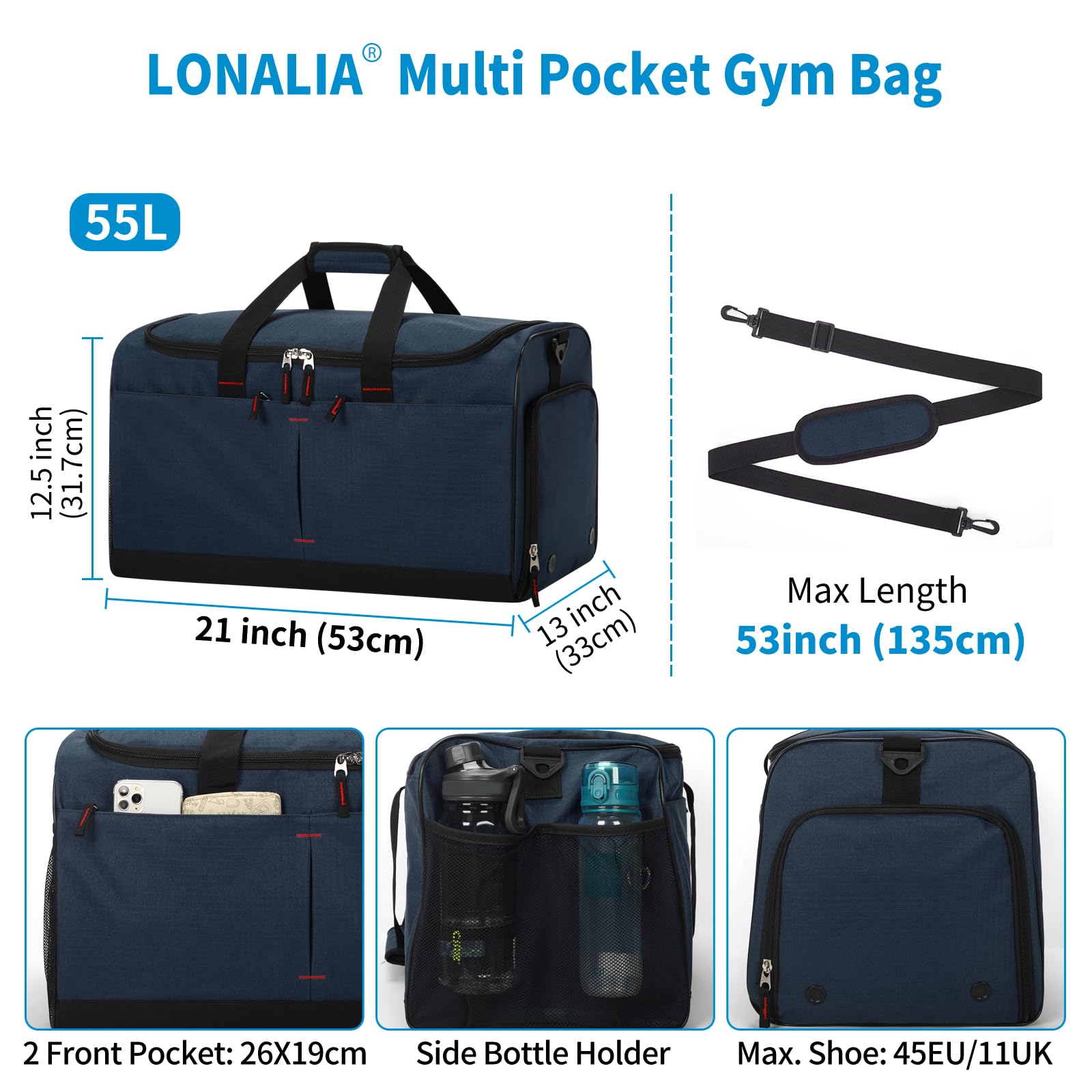 Borsa sportiva da 55 l e borsa da viaggio da uomo grande, Blu mare, Sporttasche 21 Zoll, LONALIA 55L Borsa sportiva da viaggio con scomparto per scarpe