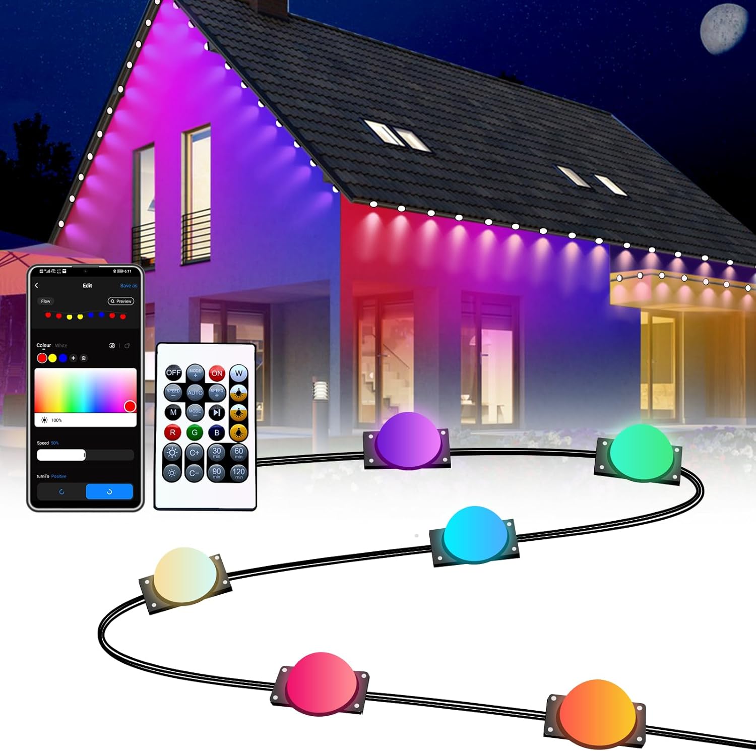 Smart Permanent Outdoor Lights Waterproof, 50FT 25LEDs Eaves Lights APP