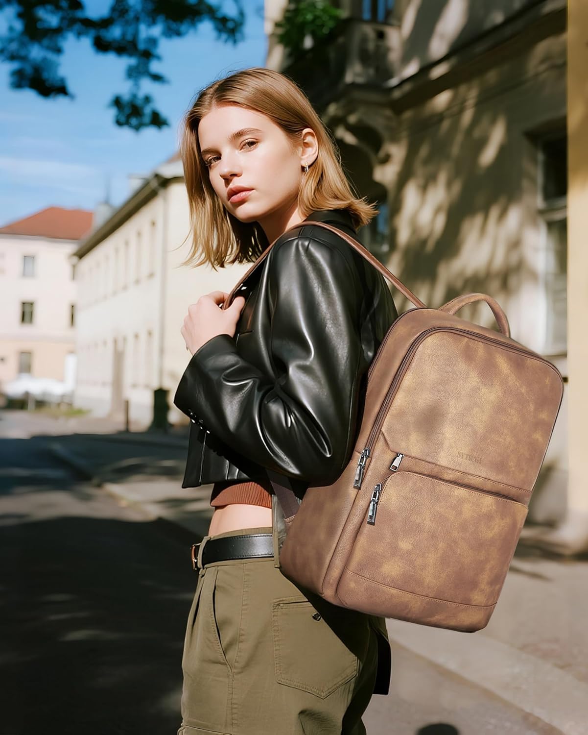 Leather Backpack for Women, Vintage 15.6 inch Laptop Backpack Purse for Women, College Casual Backpacks Ladies Computer Bags for Travel Business Work Camel - Image 2