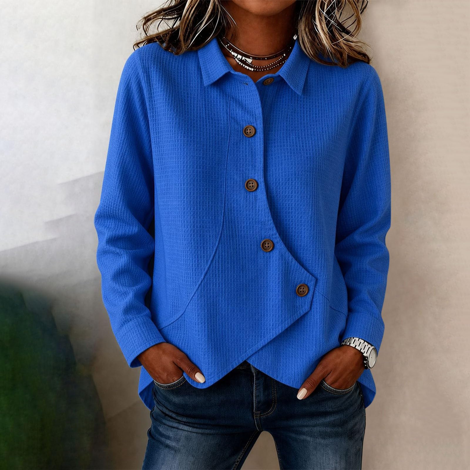 Generisch Camicia basic da donna con dettagli di design, struttura a nido | Versatile camicetta basic per il guardaroba, abbottonatura asimmetrica aggiunge un tocco alla moda per qualsiasi look