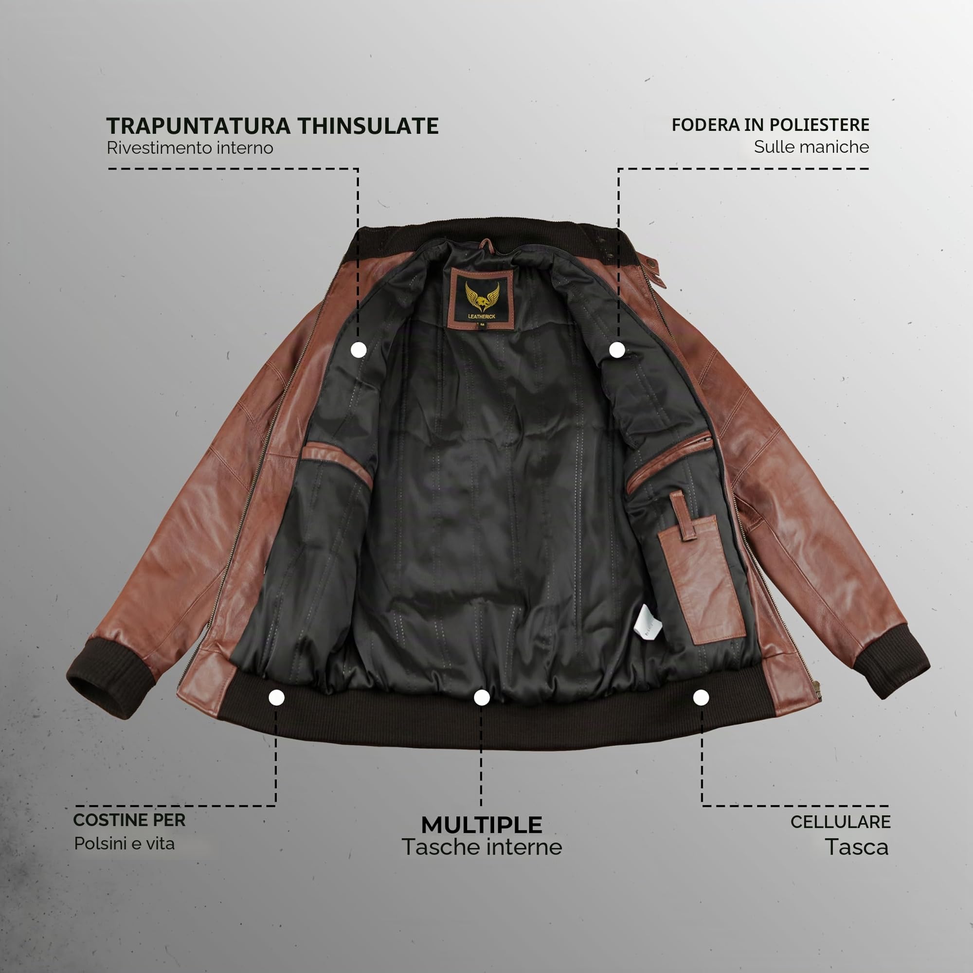 Leatherick Giacca in pelle di agnello di alta qualità da uomo – Cappuccio in pile rimovibile con 7 tasche funzionali e chiusura frontale con cerniera