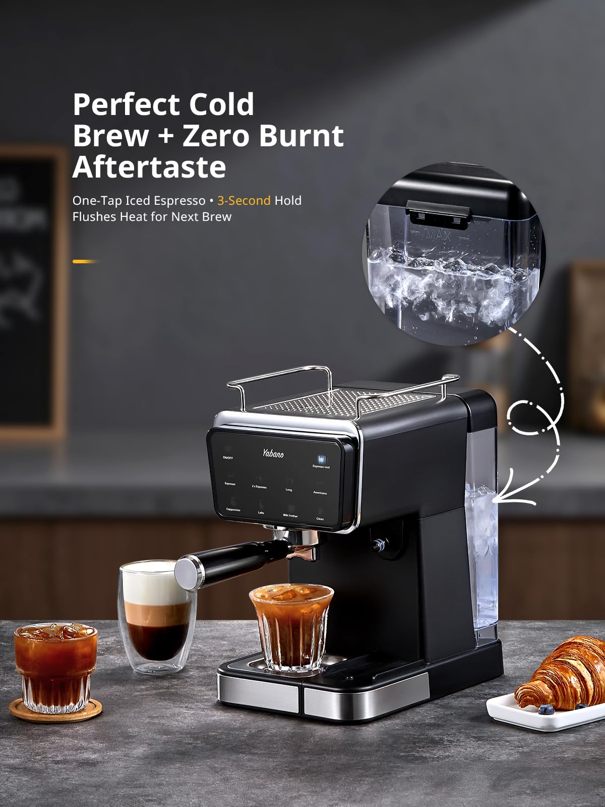 Yabano Máquina de café espresso, 20 bares, con espumador de leche automático de 500 ml, 6 bebidas, pantalla táctil a color, depósito de agua de 1,5 L, cafetera capuchino y latte, 1450 W
