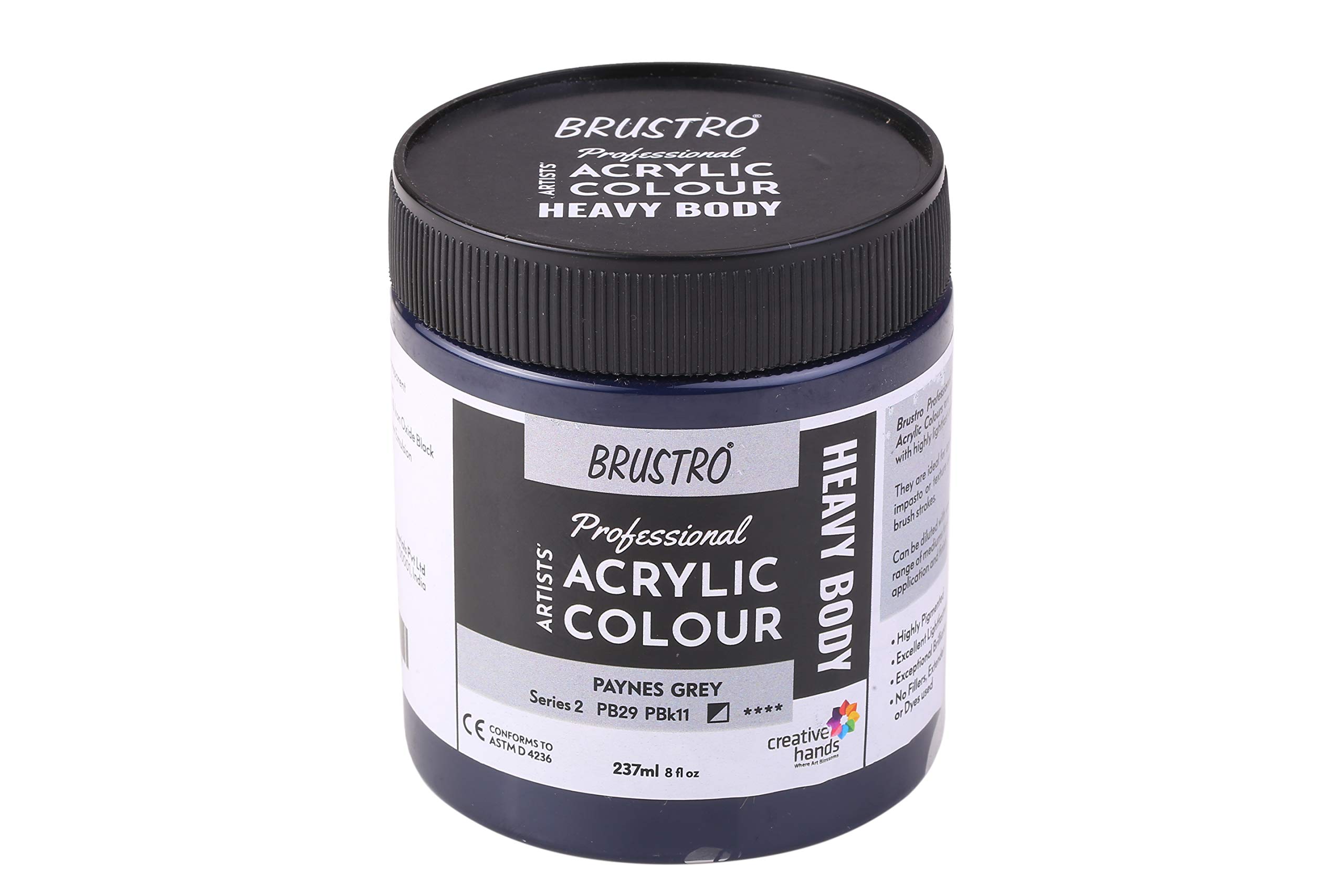 BRUSTRO Pintura acrílica de cuerpo pesado para artistas profesionales, 237 ml, color gris Paynes (Sr 2), ideal para técnicas de pintura en lienzo, impasto y texturizada, efectos dimensionales