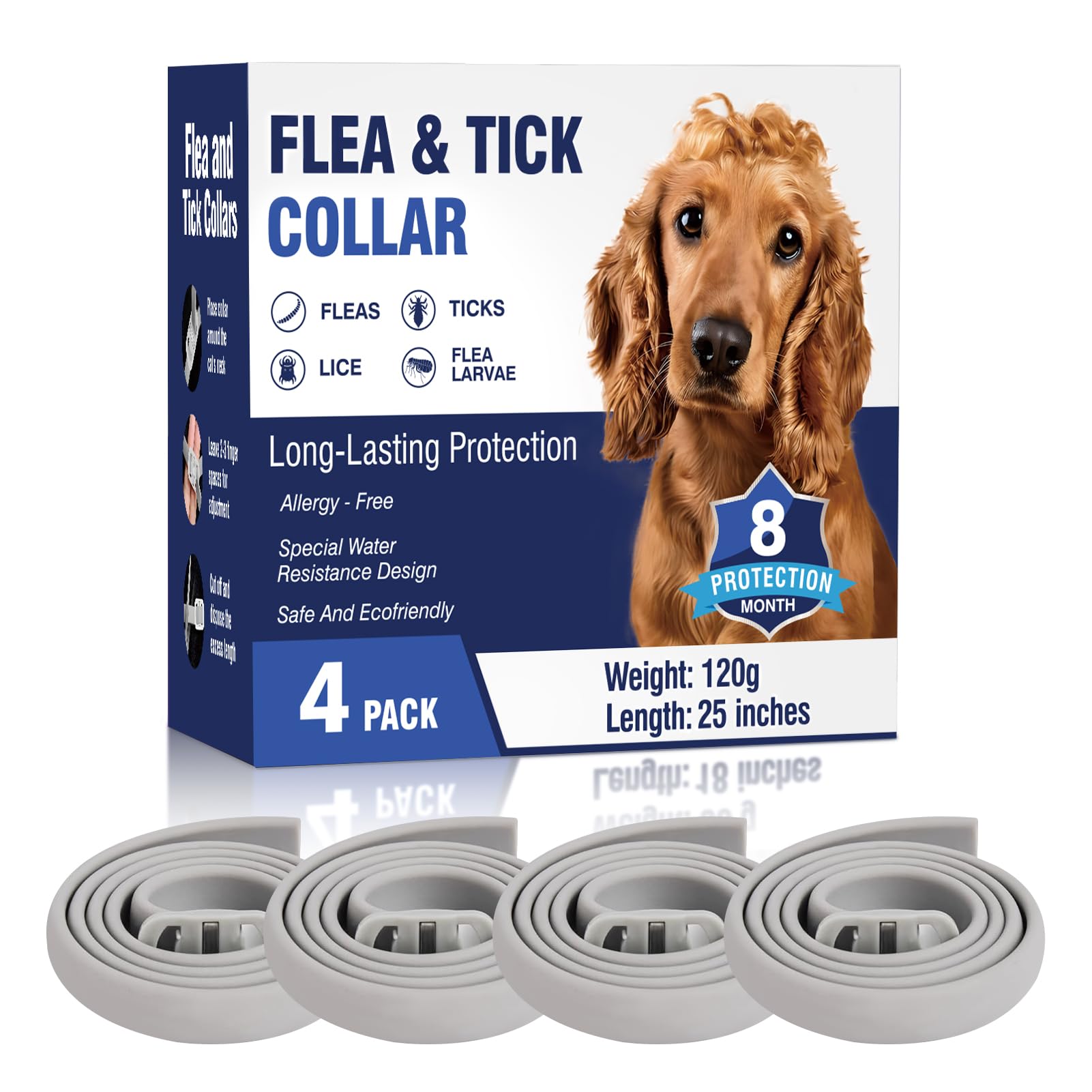 Collar Antiparasitario Perros 4 Piezas Collar Antipulgas para Perros Antimosquitos, Antigarrapatas, Antipiojos, Collar Perro Antiparasitario Ajustable Impermeable, Protección Efectiva Durante 8 Meses