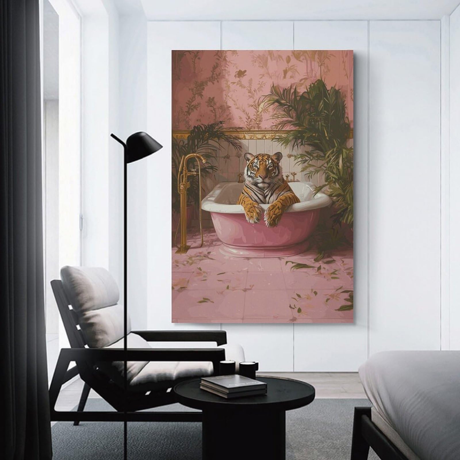 Junmoney Hanging Wall Art Tiger in A Pink Tub, 20x30inch(50x75cm), for Wall Displays, Bedrooms Or Room Updates, Wall Decor Suited to Curated Displays