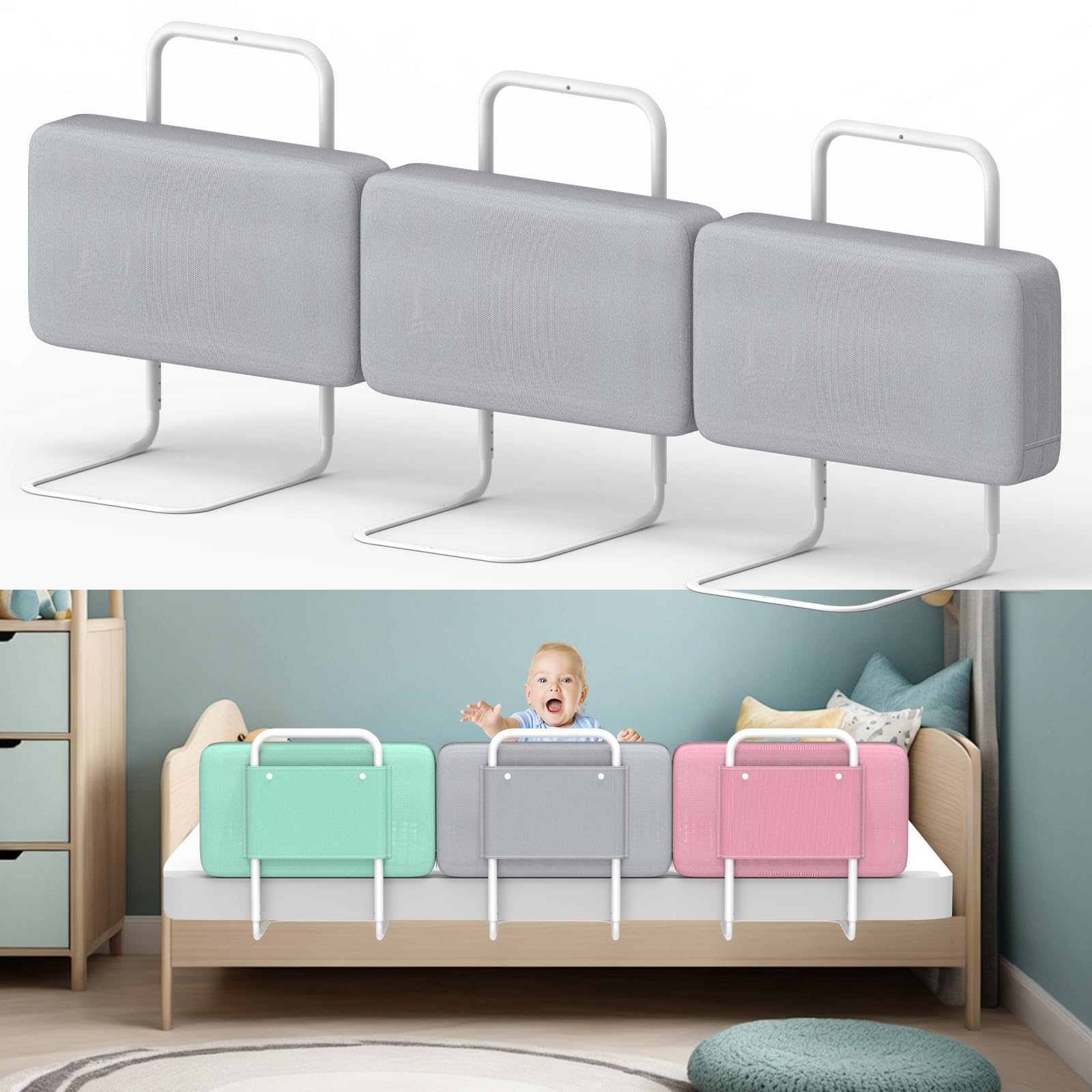 Bettgitter für Kinder – Rausfallschutz und Bettkantenschutz für Babybett und Kinderbett, Höhenverstellbar 40-60 cm, Sicherheitsgeländer mit Seitenschutz, Tragbar (Grau x 60cm x 2)