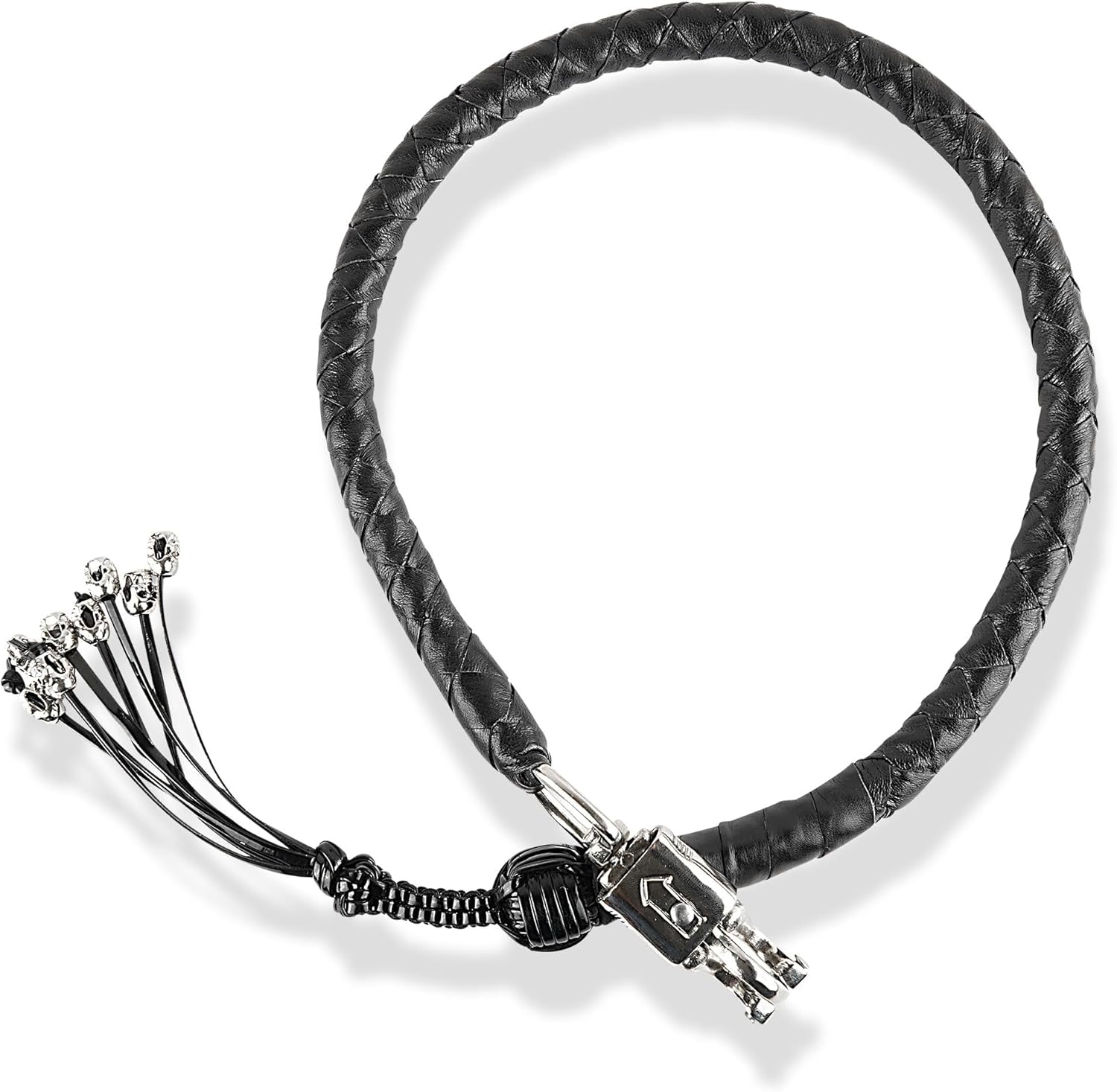 HADZAM Genuine Leather Motorcycle Get Back Whip 42” for Handlebar with Fringes and Quick Release Clasp (Black, 42 Inch (Skulls on Fringes))