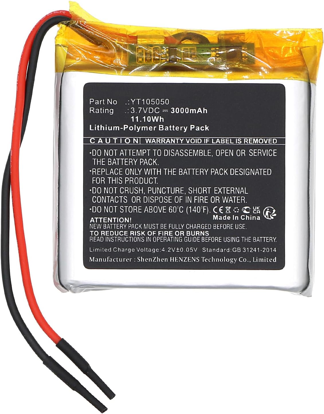 Synergy Digital YT105050 Li-Pol battery, bottom view showing safety warnings and manufacturer details