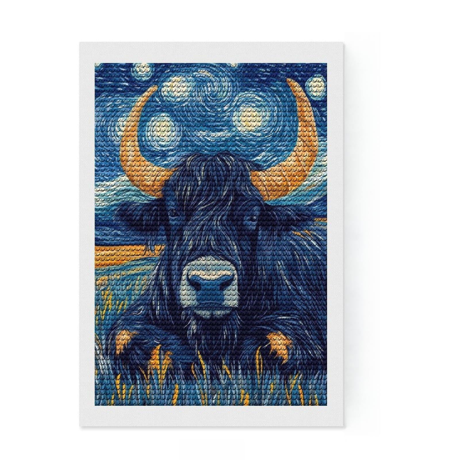 Junmoney Starry Night Bull Full Drill Diamond Painting Kit 8"x12", for Women, Stress Relief Craft, Aesthetic Room Decor, Birthday Gift