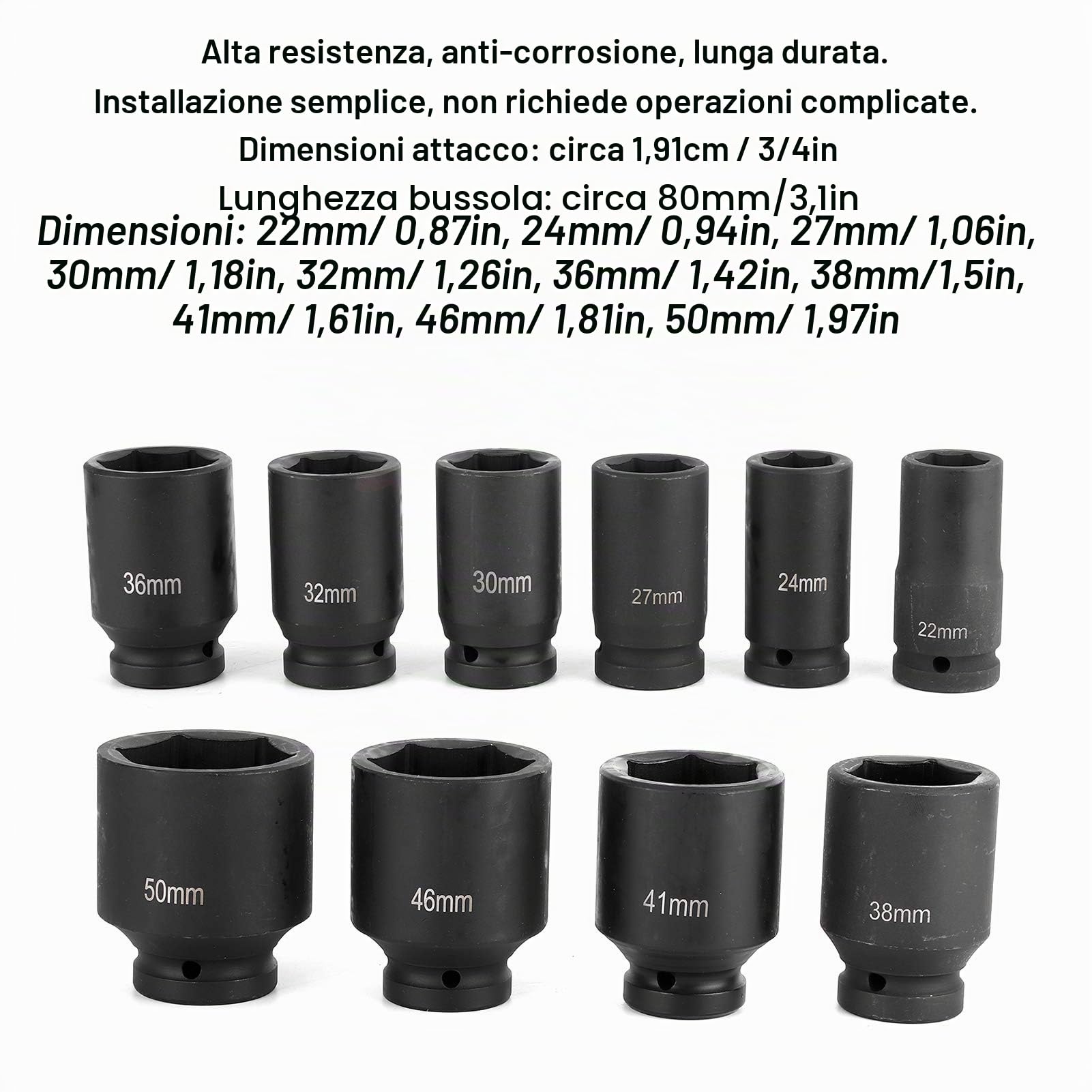 Ausla Bussole Impatto Set 10 Pezzi Metrico 22-50mm | Acciaio Cr-V, 6 punti, custodia per attrezzi