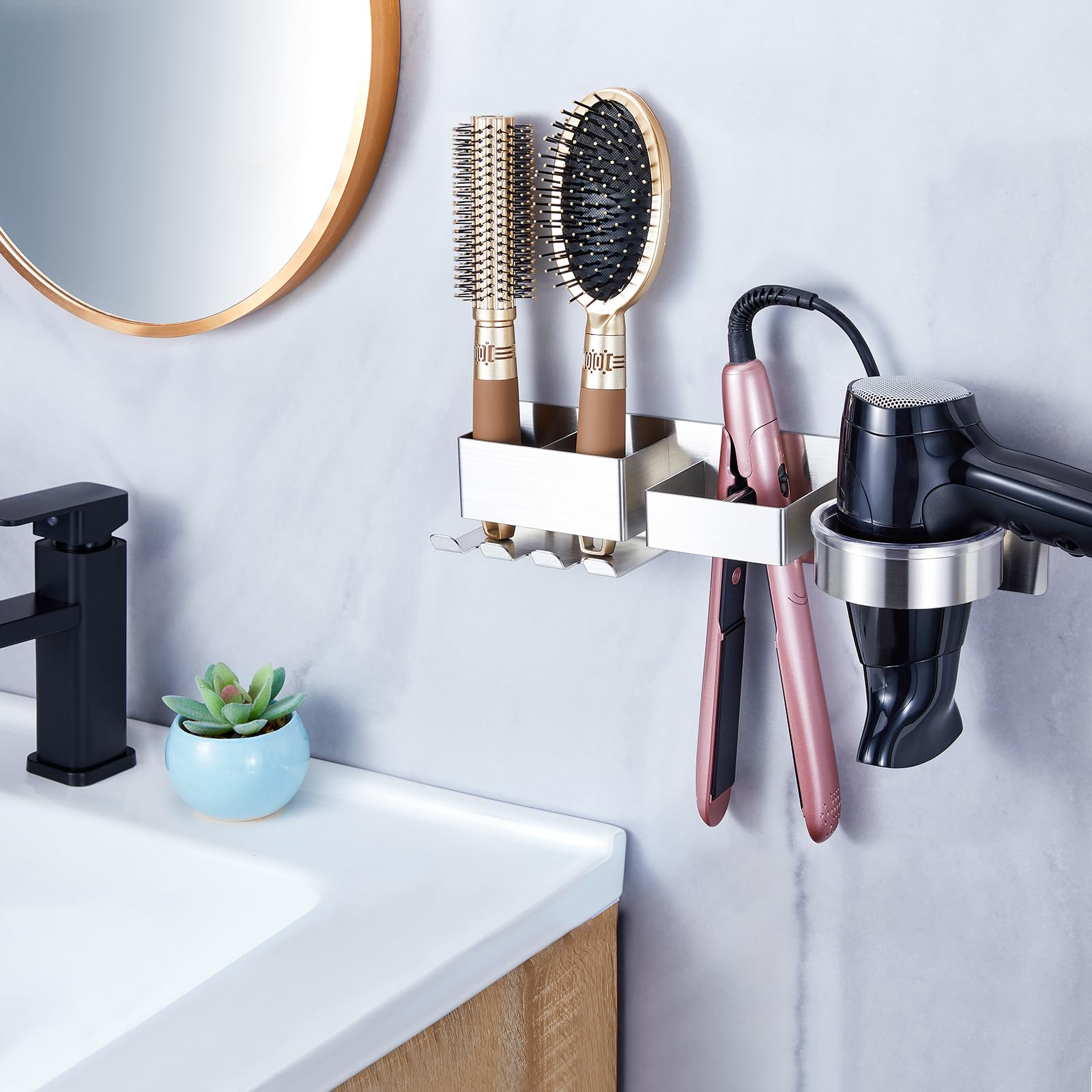 YYBO Porta Phon e Piastra Adesivo, Porta Phone Bagno da Muro, Porta Asciugacapelli Senza Foratura, Porta Piastra per Capelli, Supporto asciugacapelli per Barbiere e Hotel (Argento)