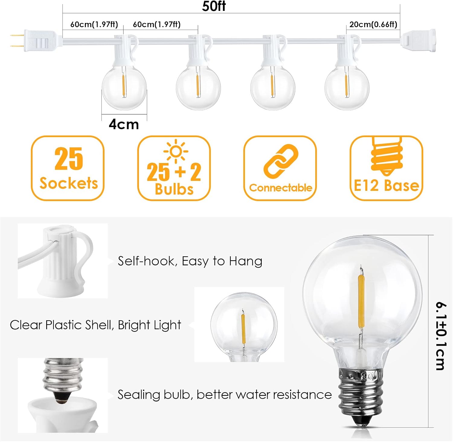 Mlambert 50Ft Outdoor String Lights, G40 Globe Patio Lights with 25+2 Waterproof Shatterproof LED Bulbs for Balcony Porch Bistro Deck-White Wire