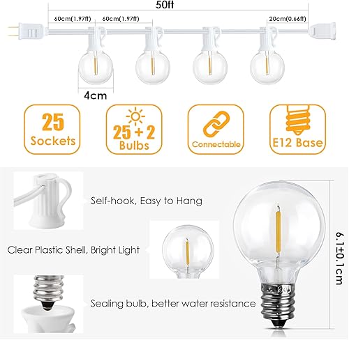 Vista 36 de Mlambert - Tira de luces LED G40 para exteriores, de 100 pies (2 tiras de 50 pies), con 50+4 bombillas LED, luces colgantes impermeables