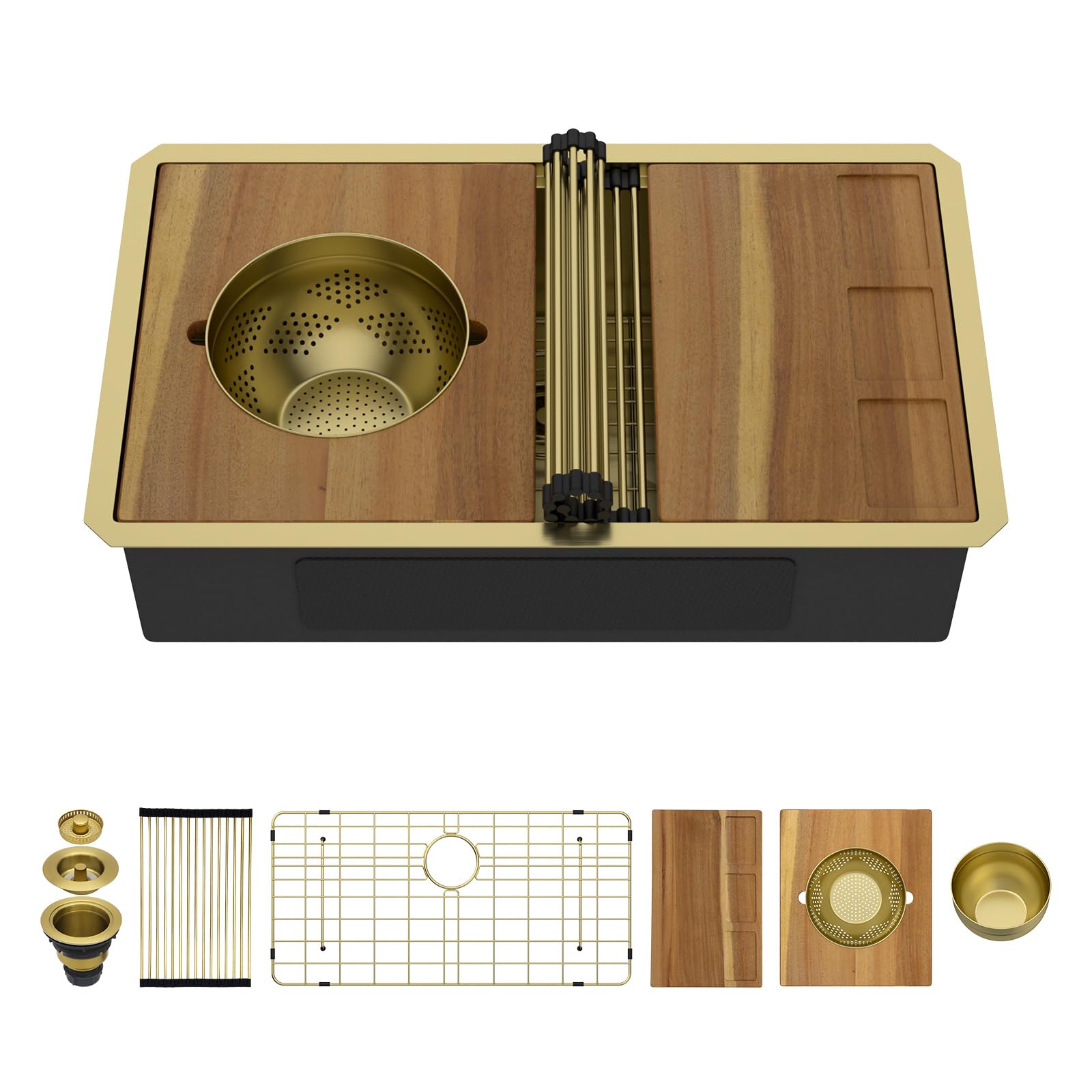 32 Gold Undermount Kitchen Sink - Workstation All-In One 32x19 Gold 16 Gauge Stainless Steel Under Counter Single Bowl Sink for Kitchen with Luxury New-Accessories #TLU-0049