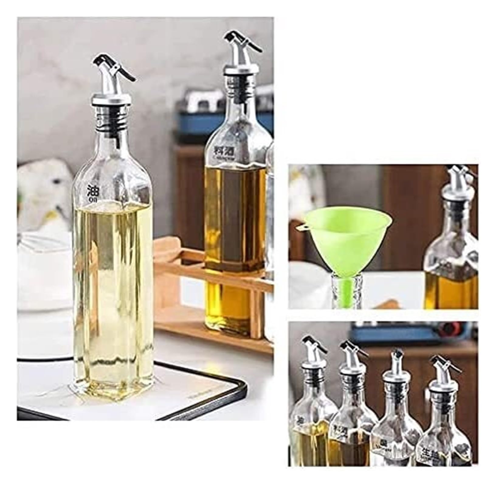 Set Olio e aceto Dispenser for Olio e aceto, Set di Bottiglie for aceto e Olio da 500 ml con Supporto in Legno, ampolla for Salsa in Bottiglia for Olio in Vetro Oliera