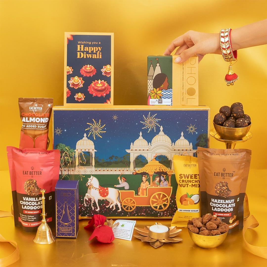Sanskriti Gift Hamper for Diwali - 9-Item Diwali Gift - Assorted Dry Fruit Laddoos, Chocolate Coated Nuts, Incense Cones, Metallic Golden Bell & Brass Lotus Diya | Traditional Diwali Gift for Family (B0CJJDH12Z) Amazon Price History, Amazon Price Tracker