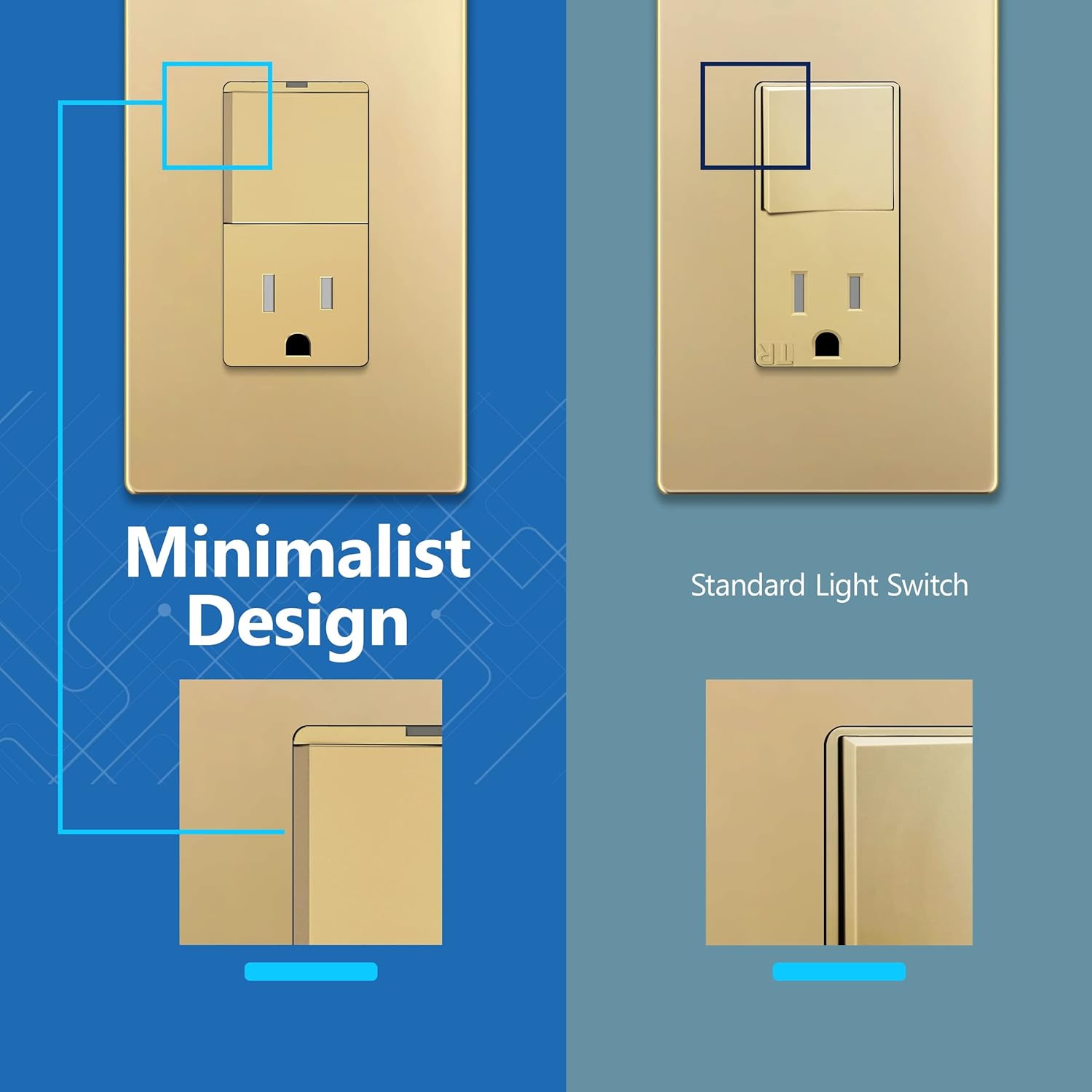 LIDER Matte Finish Lighted Combination Decorator Switch and Tamper-Resistant Receptacle with Screwless Wall Plate, Single Pole, Residential Grade, 15A 120V/125V, UL Listed, LCS1-1PTR-GDSWP, Gold