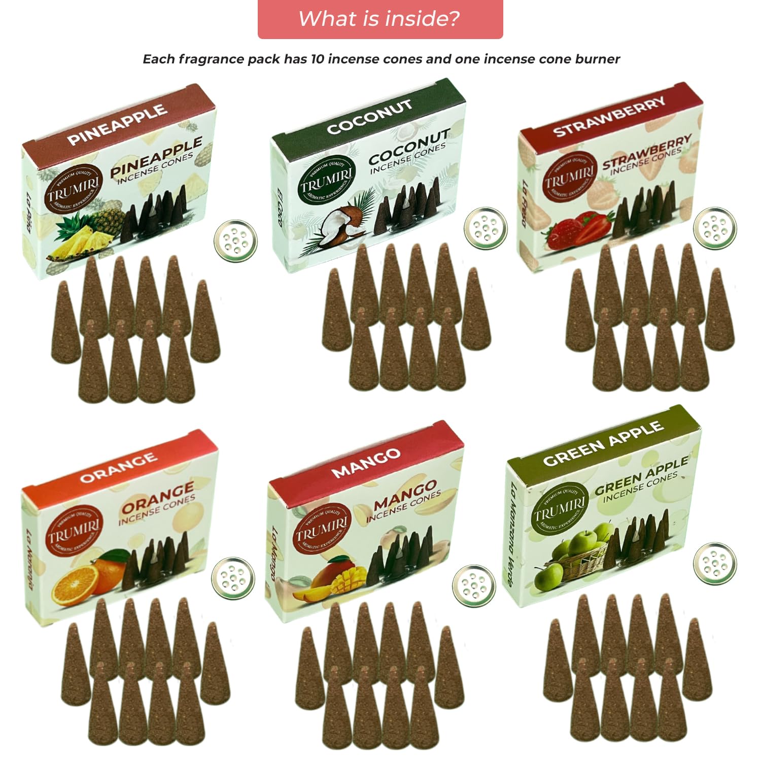 Trumiri Coni di incenso fruttati – Confezione assortita – Totale 60 coni di incenso (6 profumi x 10 coni – fragola, cocco, ananas, mela, mango, arancia) – coni di incenso – coni di incenso – coni di