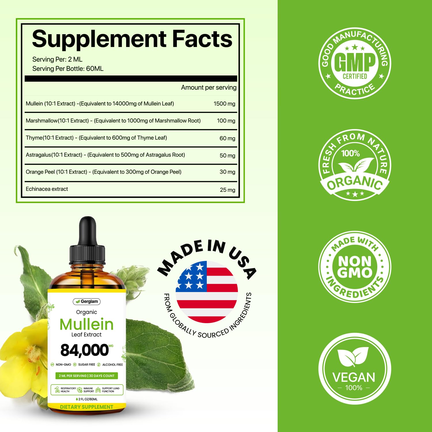 Mullein Drops for Lungs, USDA Organic Lung Detox and Cleanse Liquid with Marshmallow, Thyme, Astragalus, Orange Peel, Echinacea Alcohol & Sugar Free Extract for Smokers 2 Fl Oz — Amazon image 2