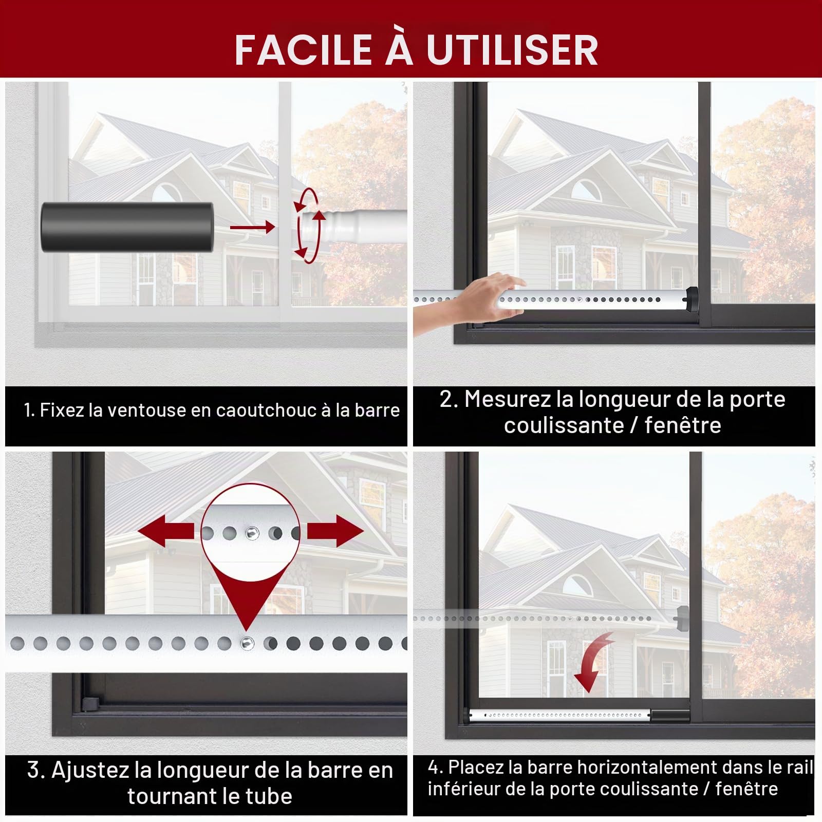 Barre de Porte, Barre de Sécurité Baie Vitrée d'armature Lourdes, 85-127cm Ajuster la Barre Grille Fenetre Securite, Barre Anti Effraction, Barre de Sécurité pour Porte Coulissante