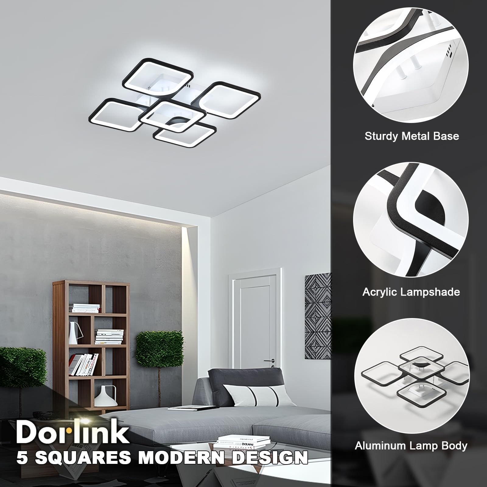 Nowoczesna lampa sufitowa LED, kwadratowa akrylowa lampa sufitowa 75W, czarne zimne białe światło 6500K do salonu, sypialni, gabinetu (5 żarówek)