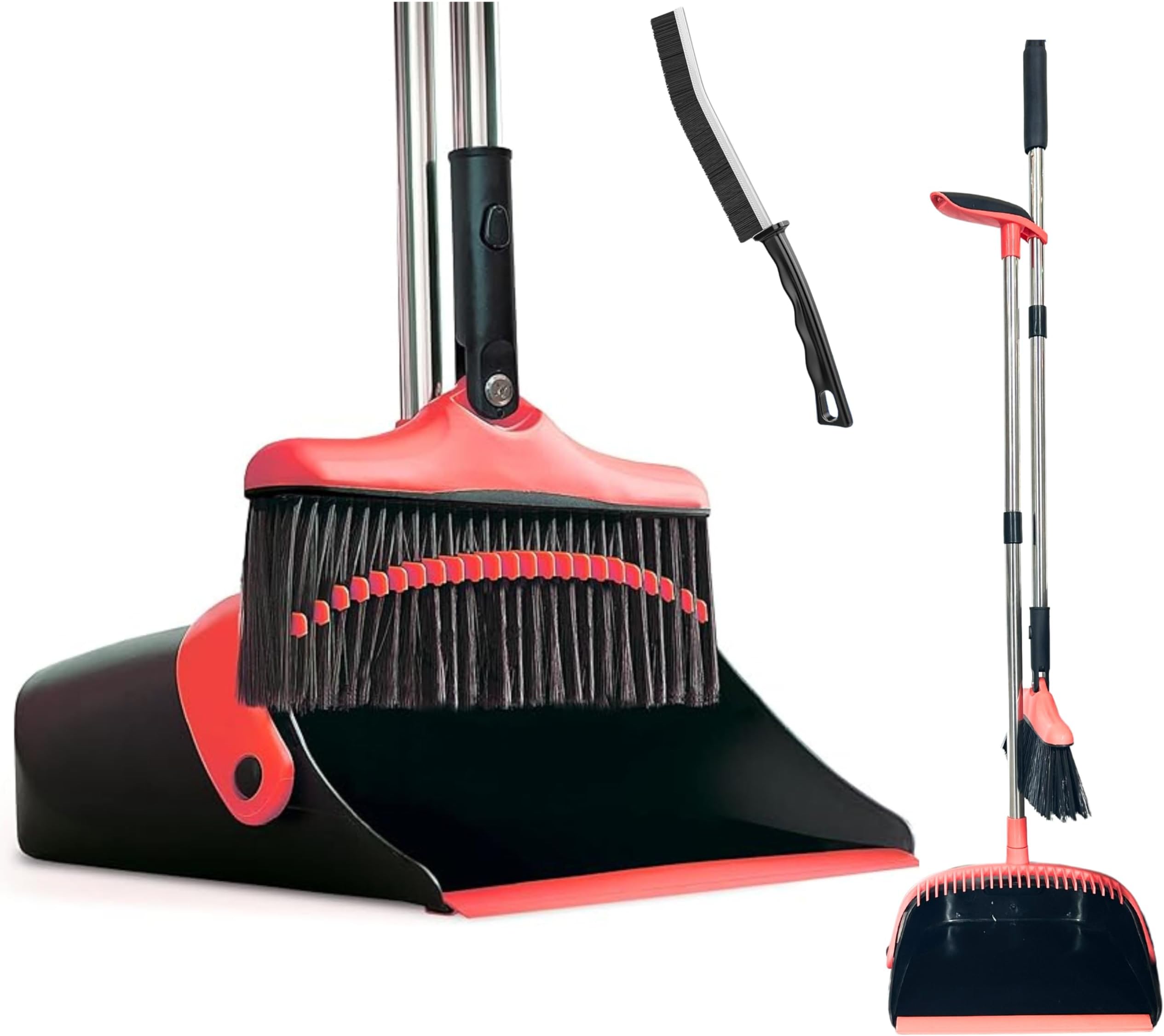 FlooringtonDustpan and Brush Sets Long Broom Long Handled Dustpan & Brush Set Sweeping Brush Household Dust Pan with Soft Brush for Indoor Outdoor Brush Free Mini Dustpan & Brush Set (RED & Black)
