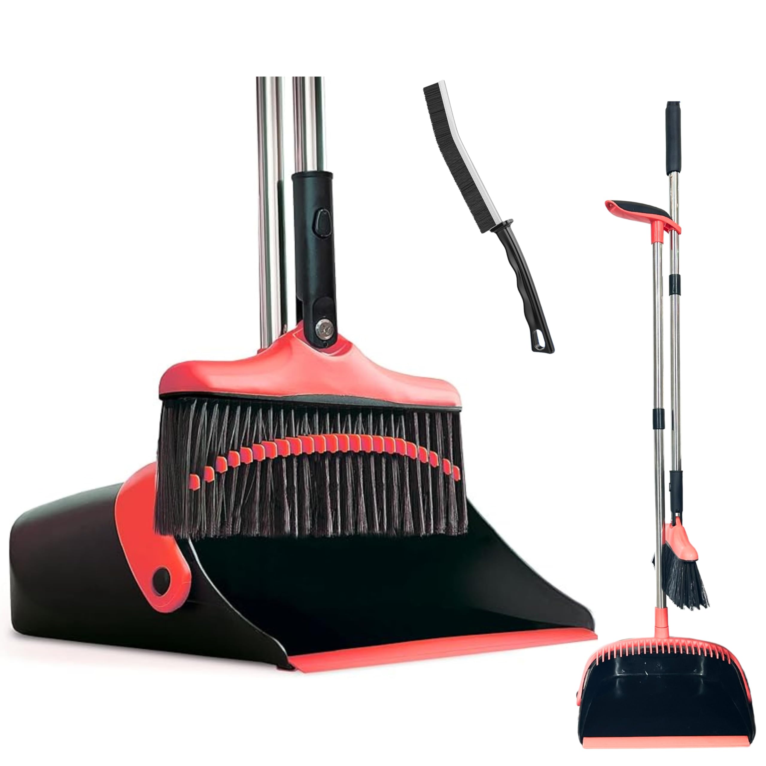 FlooringtonDustpan and Brush Sets Long Broom Long Handled Dustpan & Brush Set Sweeping Brush Household Dust Pan with Soft Brush for Indoor Outdoor Brush Free Mini Dustpan & Brush Set (RED & Black)