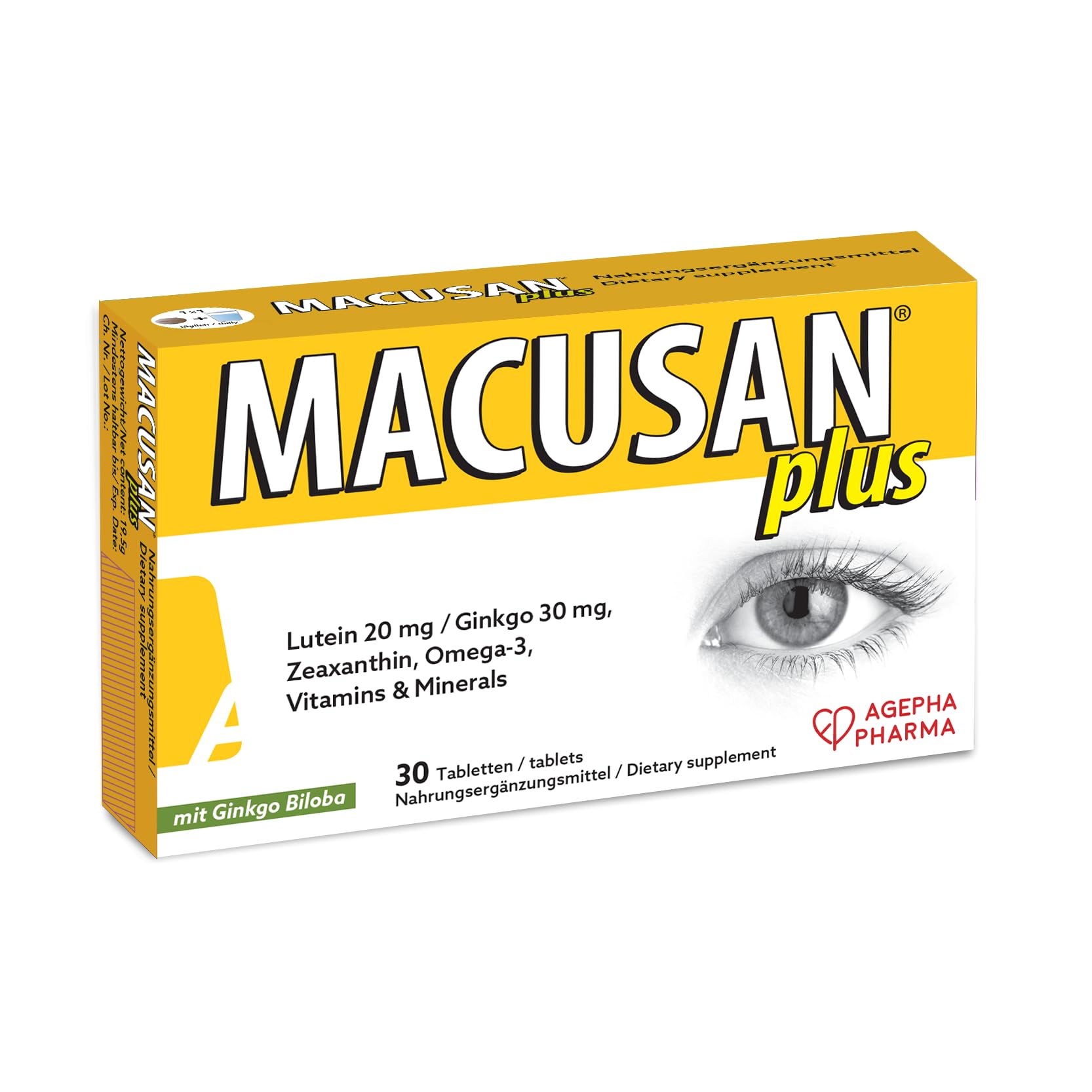 Macusan® Plus - Augenvitamine zur Behandlung von AMD - Makula-Unterstützung durch verstärkte Lutein und Zeaxanthin Formel - Zum Erhalt der normalen Sehkraft (30 Tabletten)