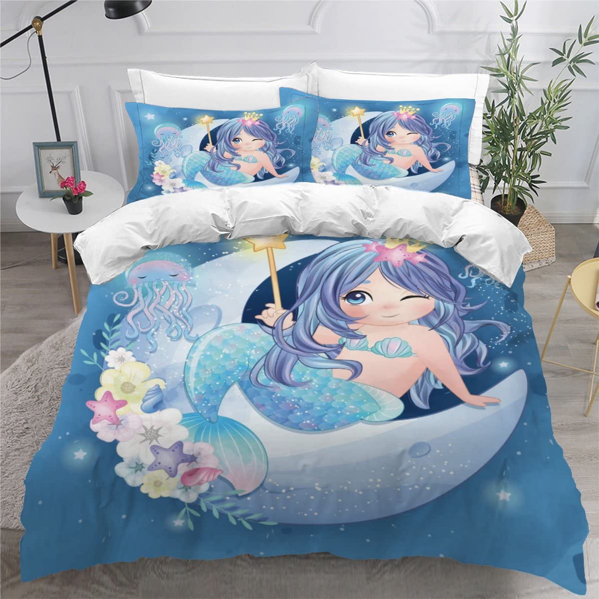 Housse de couette 200x200 sirène avec 2 taies d'oreiller lune couronne en microfibre