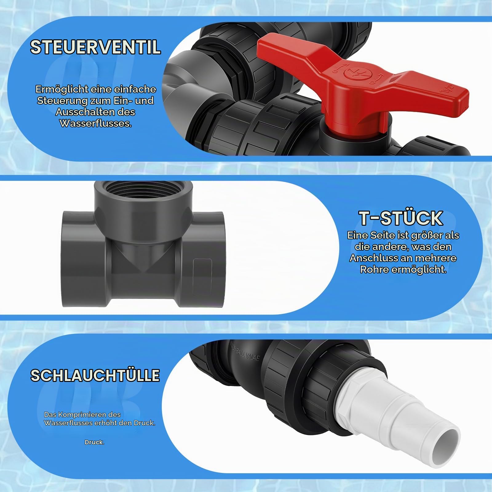 Bypass Pool 50 mm, Pool Anschluss Set mit 32mm & 38mm Schläuchen + Adaptern für Wärmepumpe, Pool Solarheizung Bypass Ventil Set – Steuerung der Wasserzufuhr für optimale Temperaturregulierung
