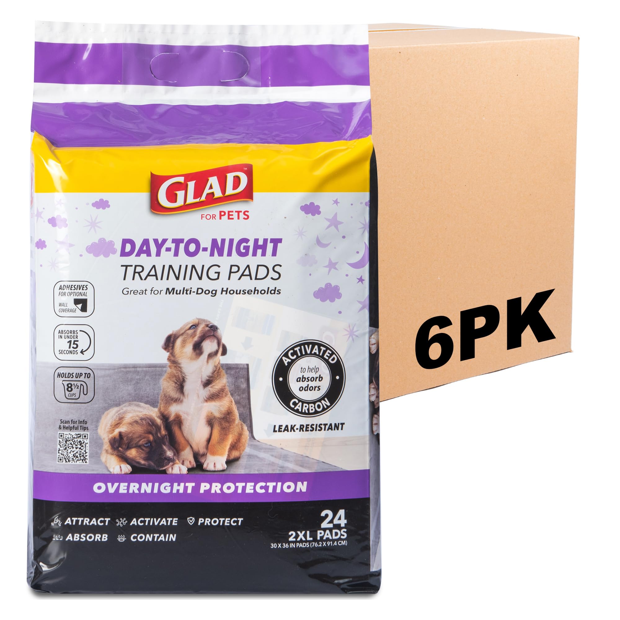 Glad for Pets Day to Night Activated Carbon Puppy Training Pads for Dogs with Wall Protection and Adhesive - Super Absorbent and Leak Proof Disposable