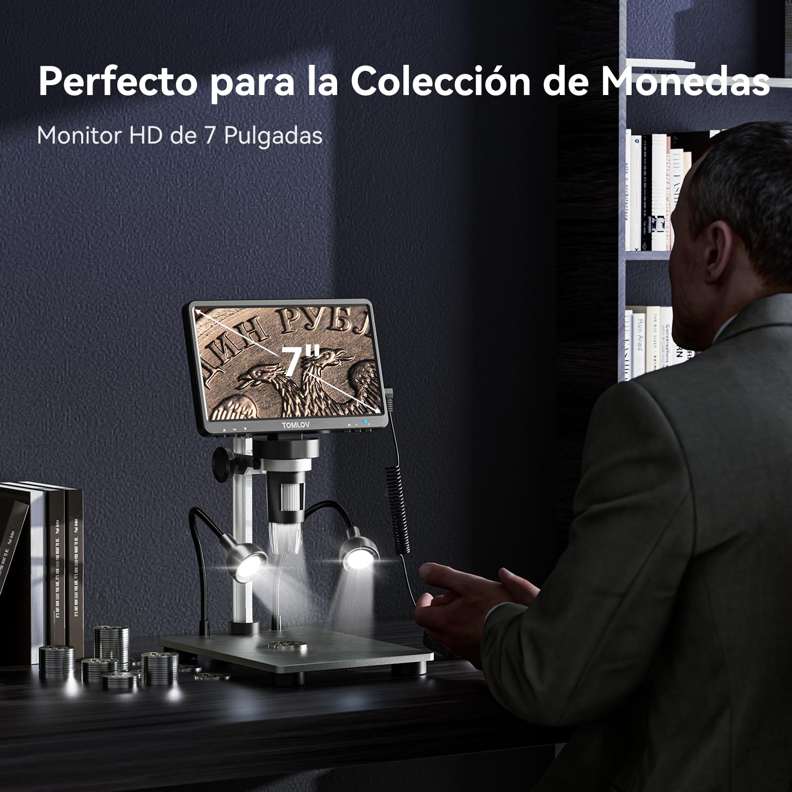 TOMLOV DM9 7" LCD Microscopio Digital 1080P, Cámara de Magnificación 1200X para Piezas con Pantalla HD, 12MP Enfoque de Ultra Precisión, Soporte Metálico, Luz LED, Compatible PC/Windows/Mac OS, 32GB