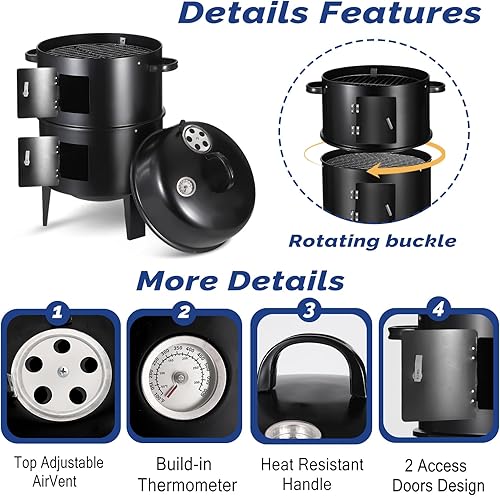 Miniatura 7 de Parrilla ahumadora de carbón de 16.5 pulgadas con termómetros y ventilación de aire, ahumador vertical portátil 3 en 1 de carne multicapa con 2