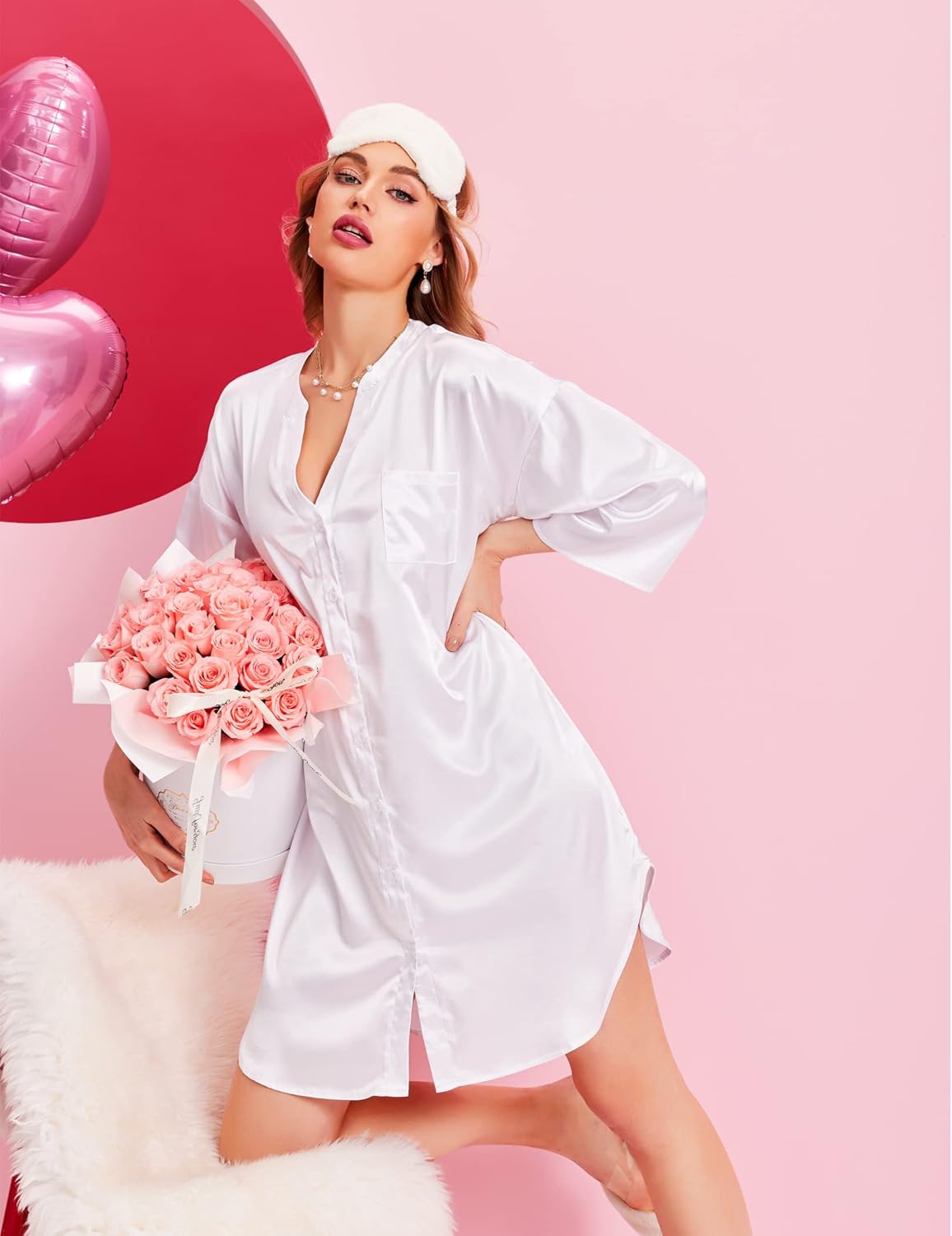 Ekouaer Satin Nightgowns for Women Silk Sleepwear Button Down Sleepshirt 3/4 Sleeve V-Neck Nightshirts with Pockets - Image 2