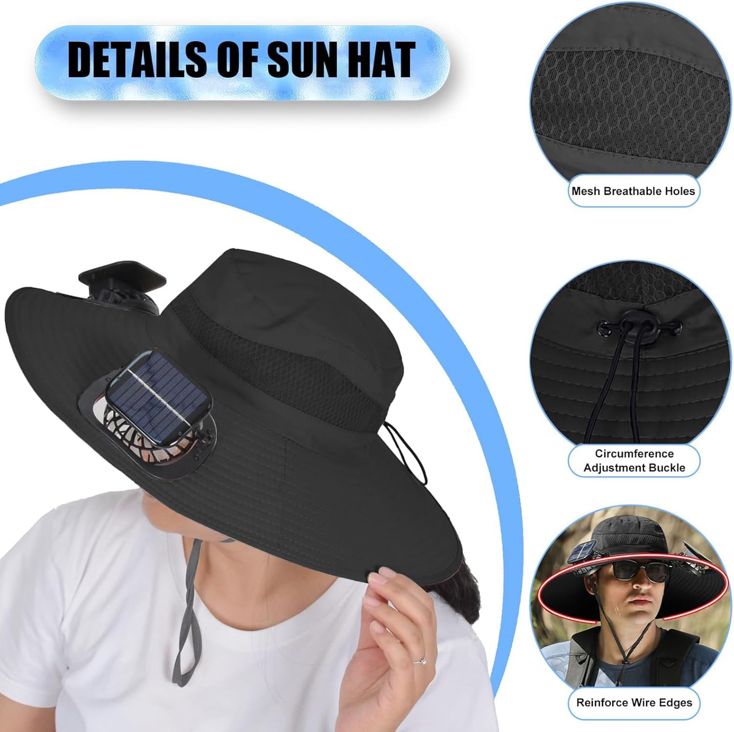 ソーラーファンサンハット、つばを広げるアウトドアフィッシングメンズハット、2つのファン付き、調節可能な180&deg;回転冷却UPF50+
