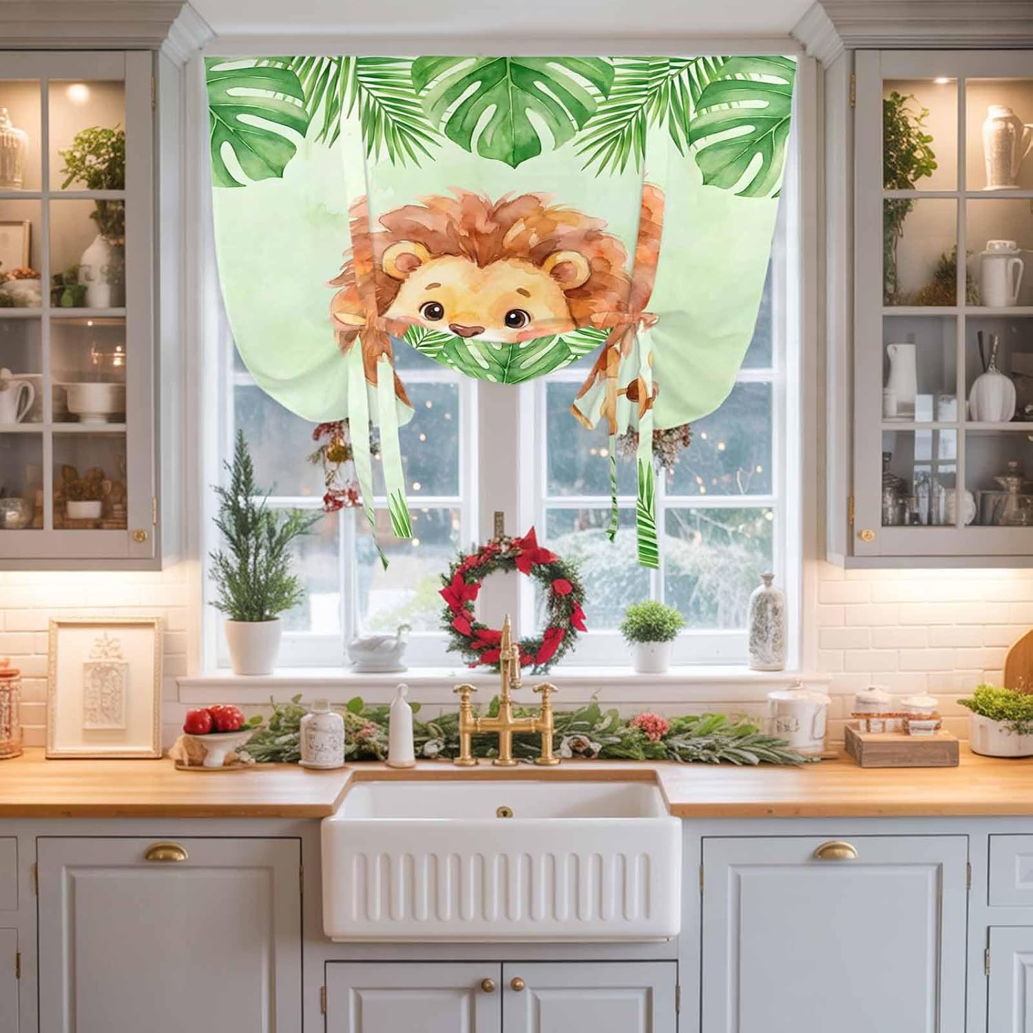 Cartoon Lion Tie Up Curtains for Windows 63 Inch Length Balloon Curtains Kitchen Adjustable Balloon Window Shade Summer Tropical Palm Green Plants Tie Up Valance Bathroom Curtain Window 52"x63"